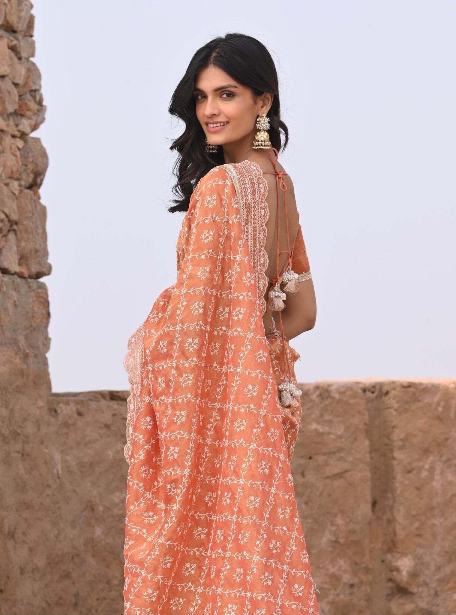 Mehram Luxe Tissue Burnt Orange Saree