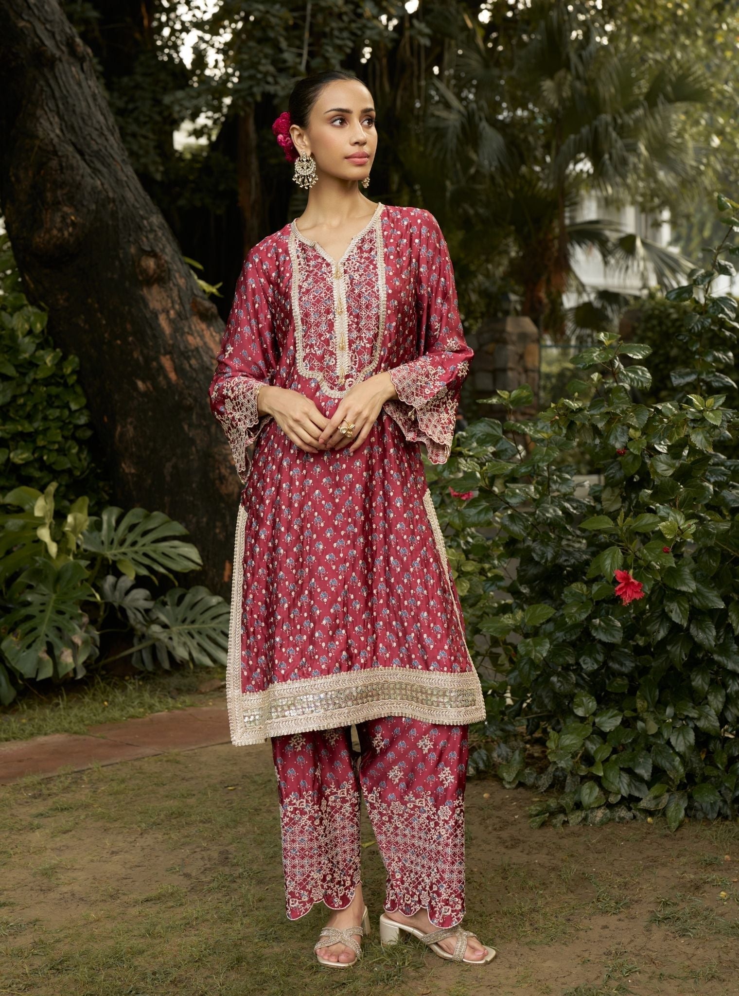Kissa Cupro Satin Red Ajrakh Print Kurta Set