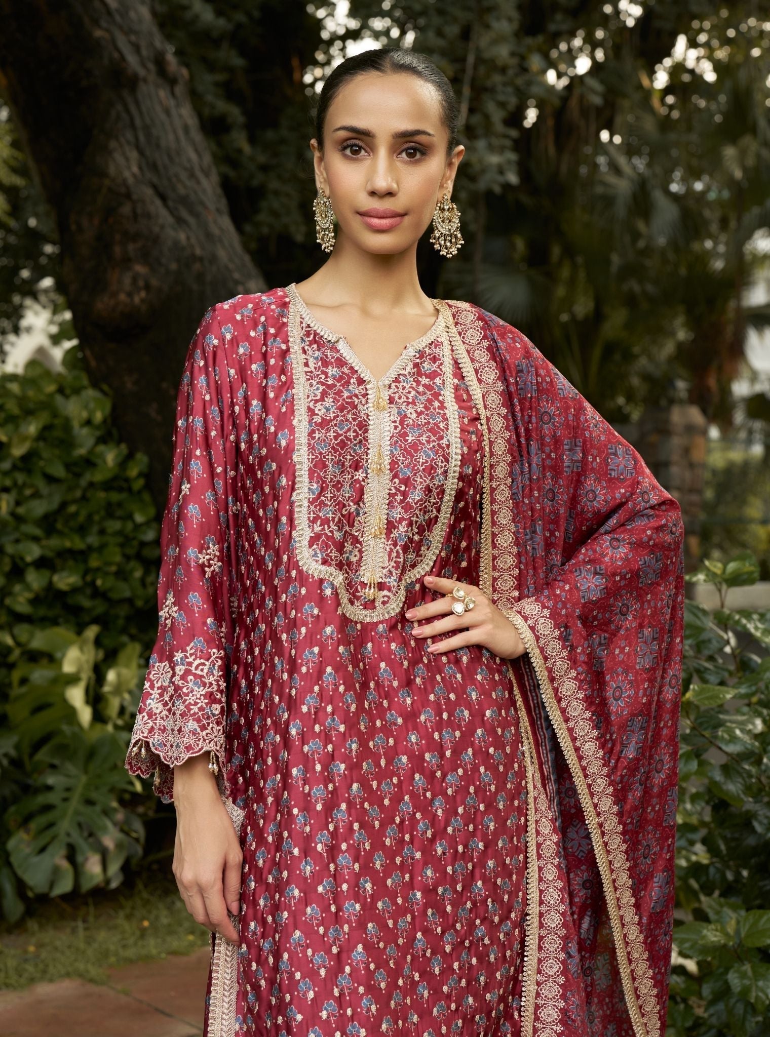 Kissa Cupro Satin Red Ajrakh Print Kurta Set