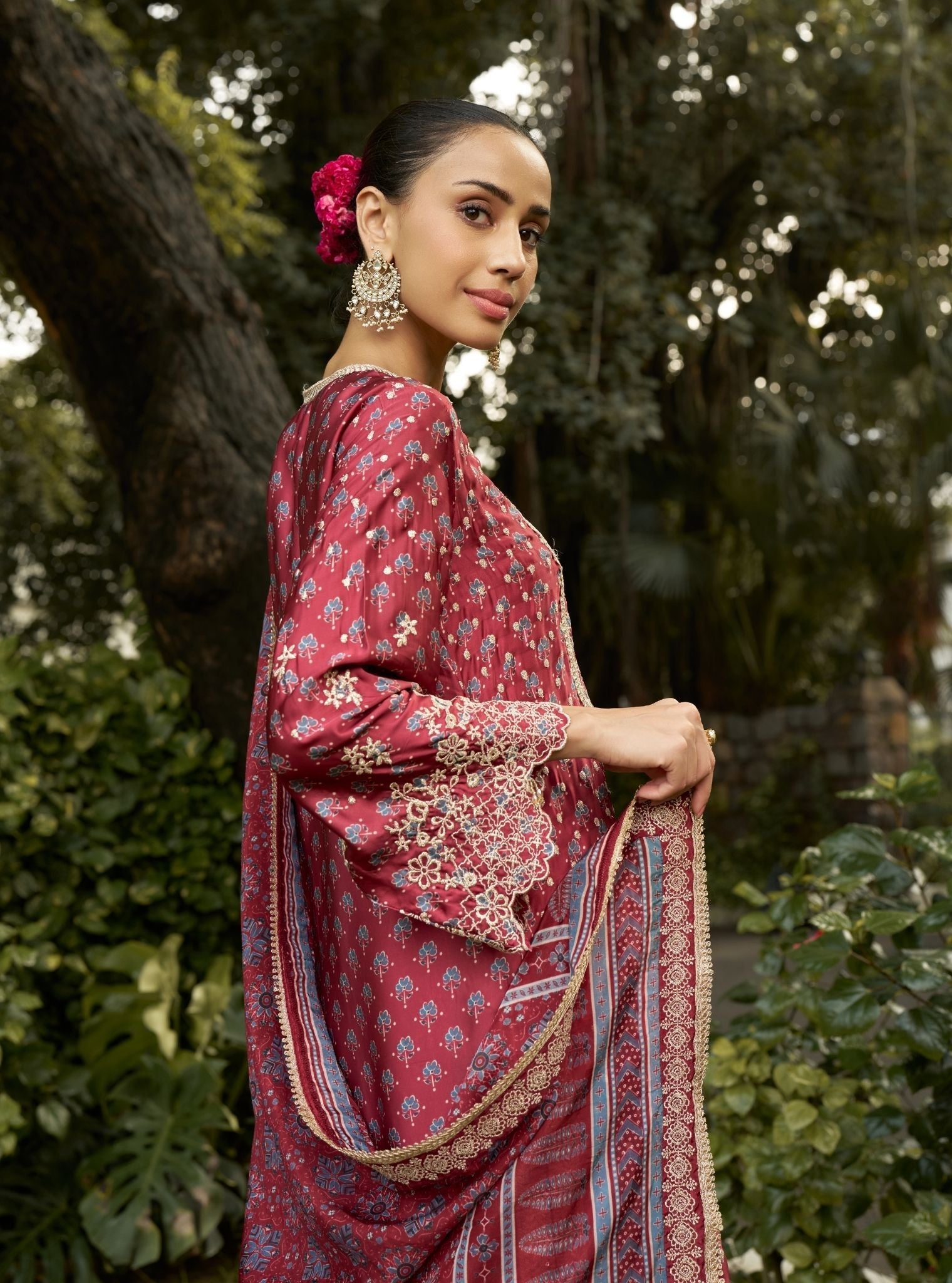 Kissa Cupro Satin Red Ajrakh Print Kurta Set