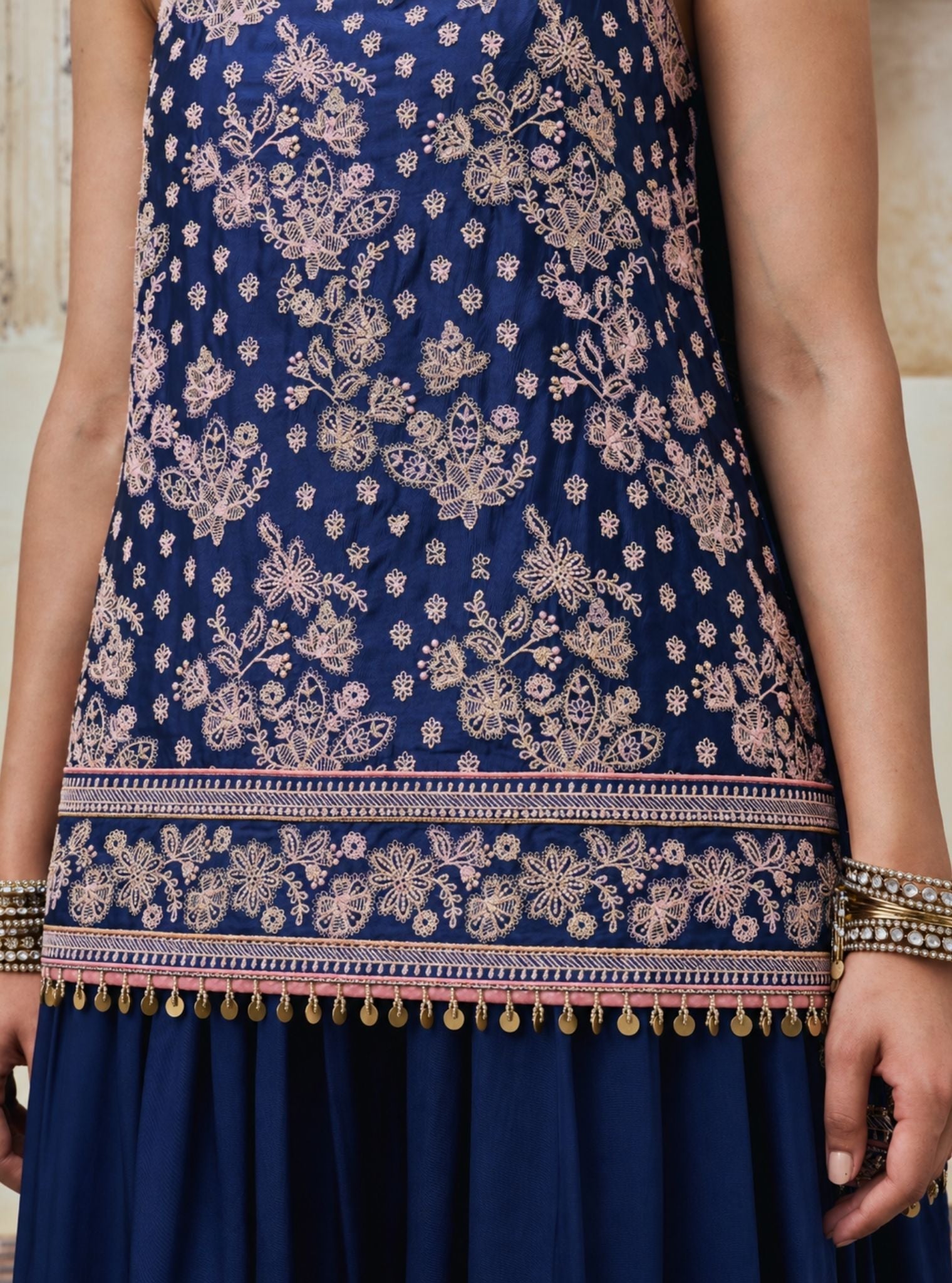 Aangan Cupro Satin Navy Sharara Set