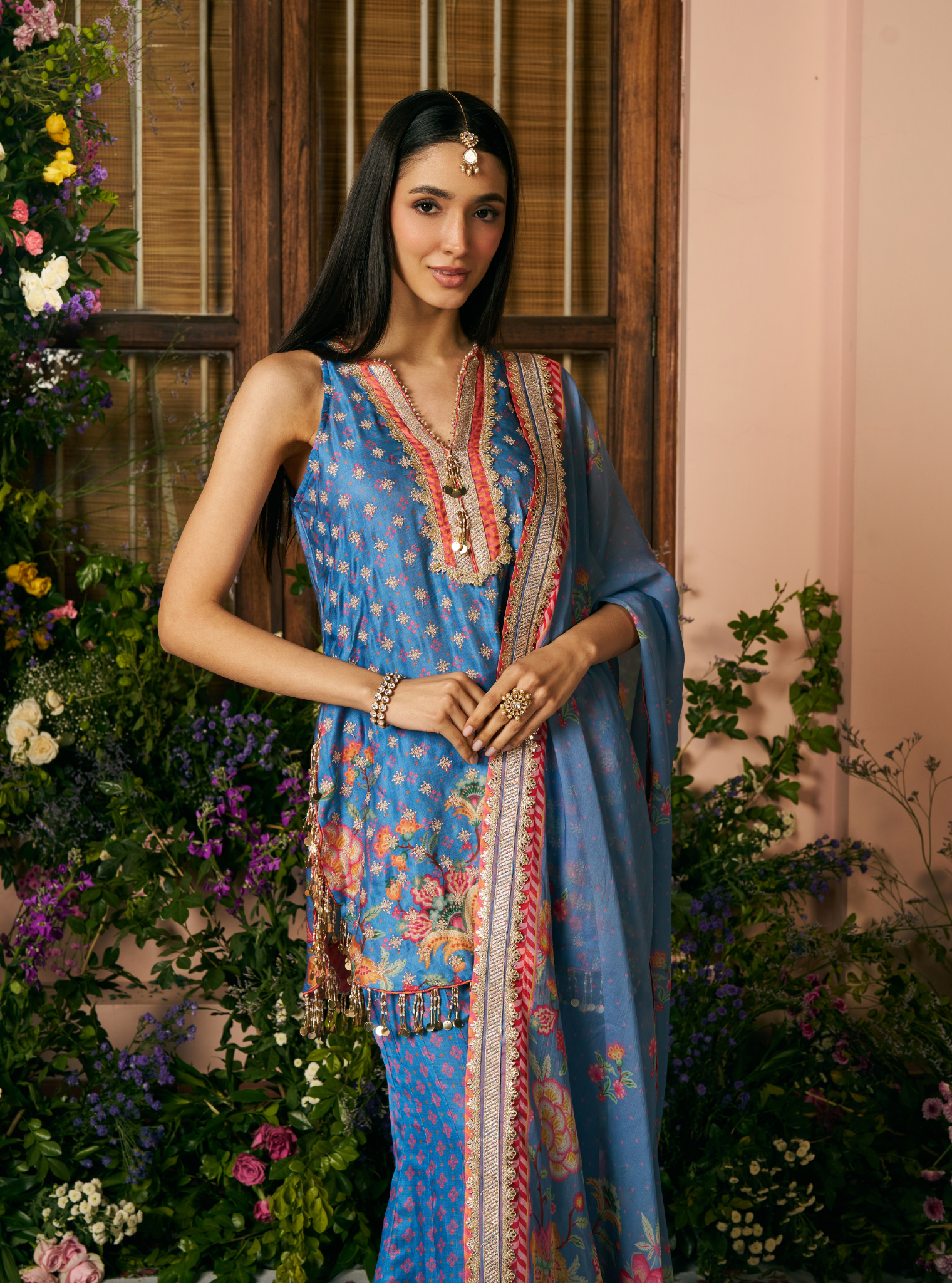 Chakori Linen Satin Steel Blue Printed Kurta Set