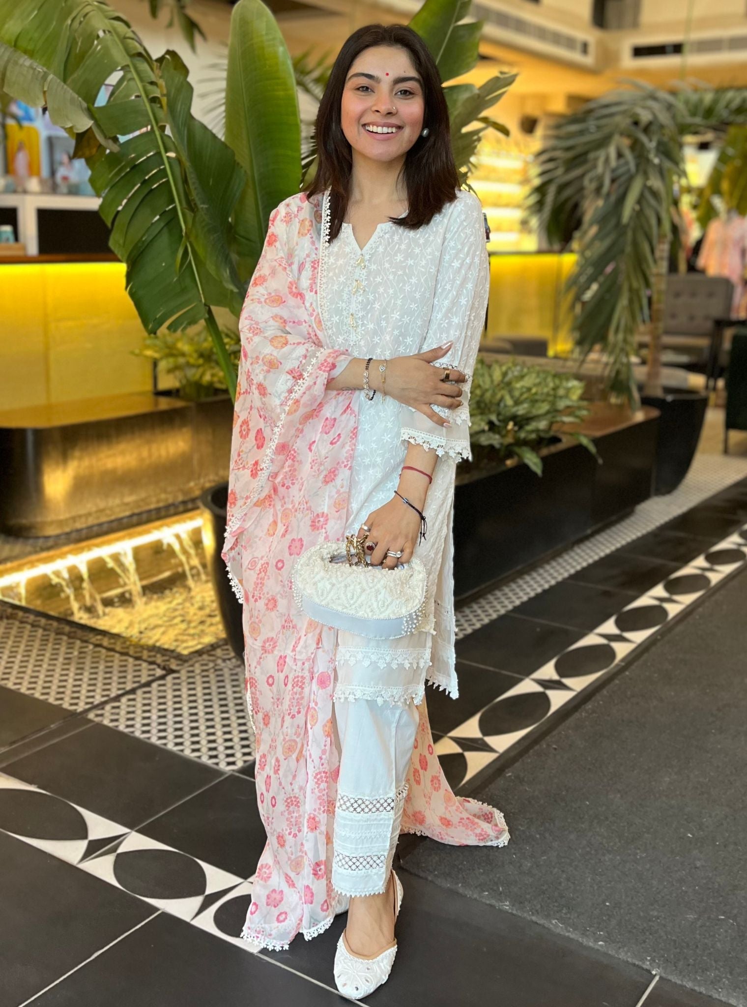 Rosine Supima Cotton White Kurta With Floral Ladder Slim Pant