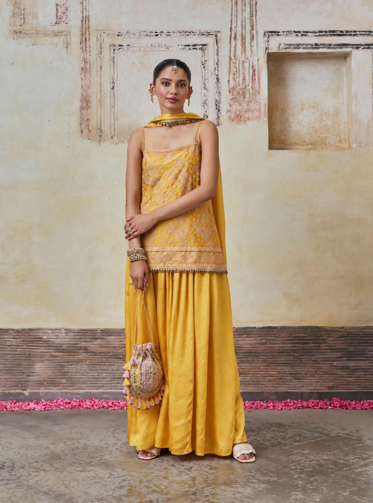 Aangan Cupro Satin Mustard Sharara Set