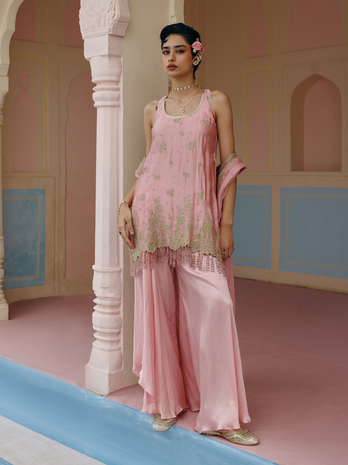 Nemi Cupro Satin Pink Short Kurta with Draped Pants