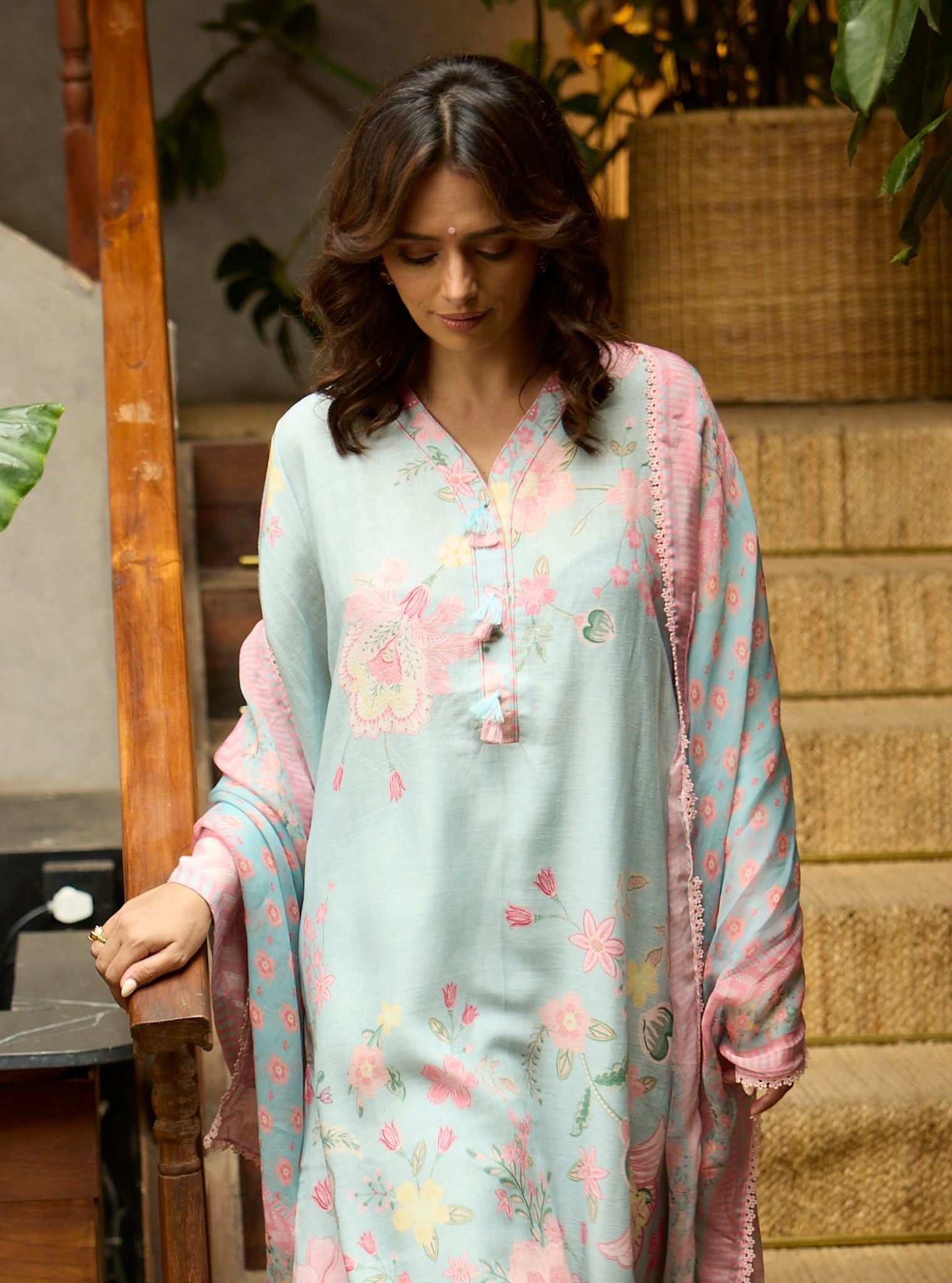 Mulmul Printed Linen Pia Blue Kurta With Mulmul Printed Linen Pia Blue Pant