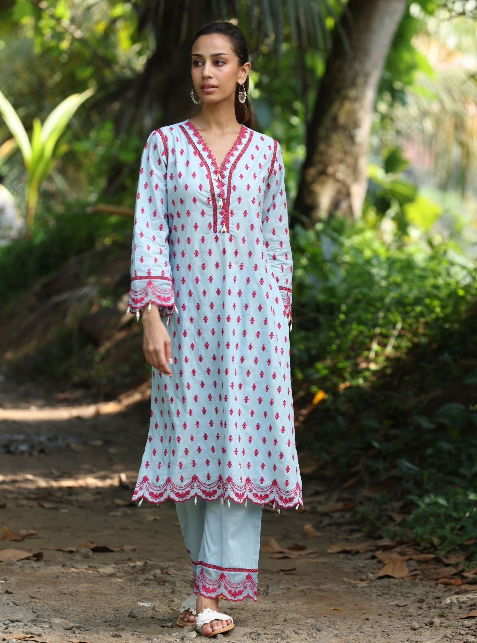 Mulmul Cotton Nivi Light Blue Kurta With Mulmul Cotton Nivi Light Blue Pant