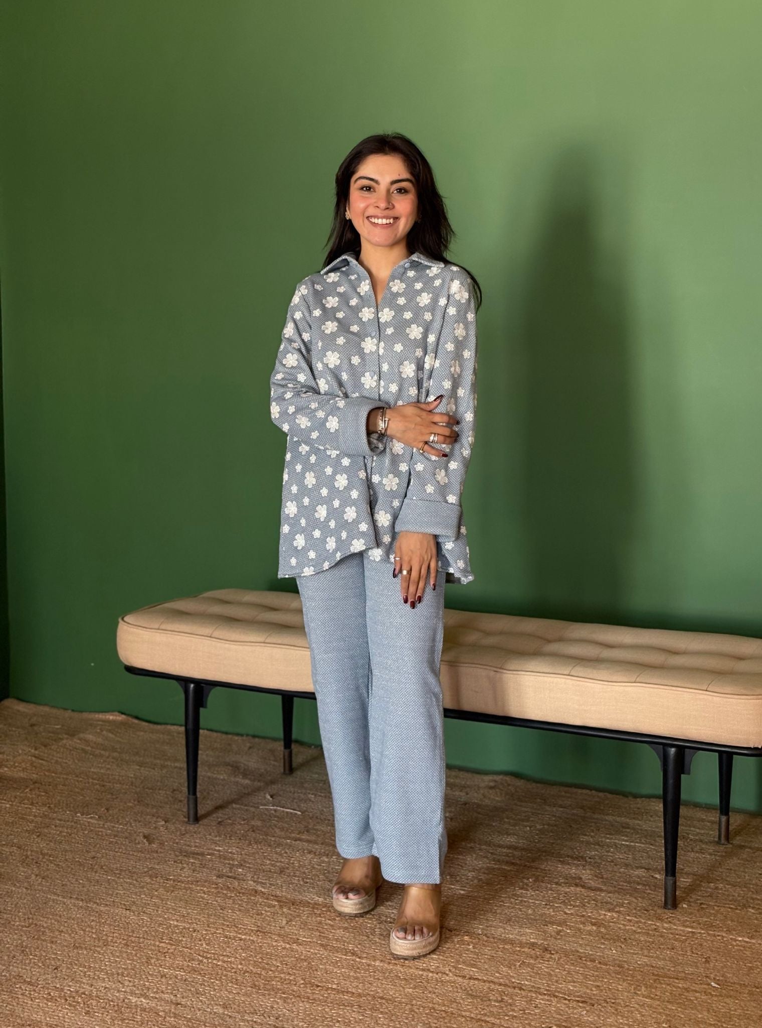 Lurex Light blue Knit Varnika Shirt With Edith Blue Pant