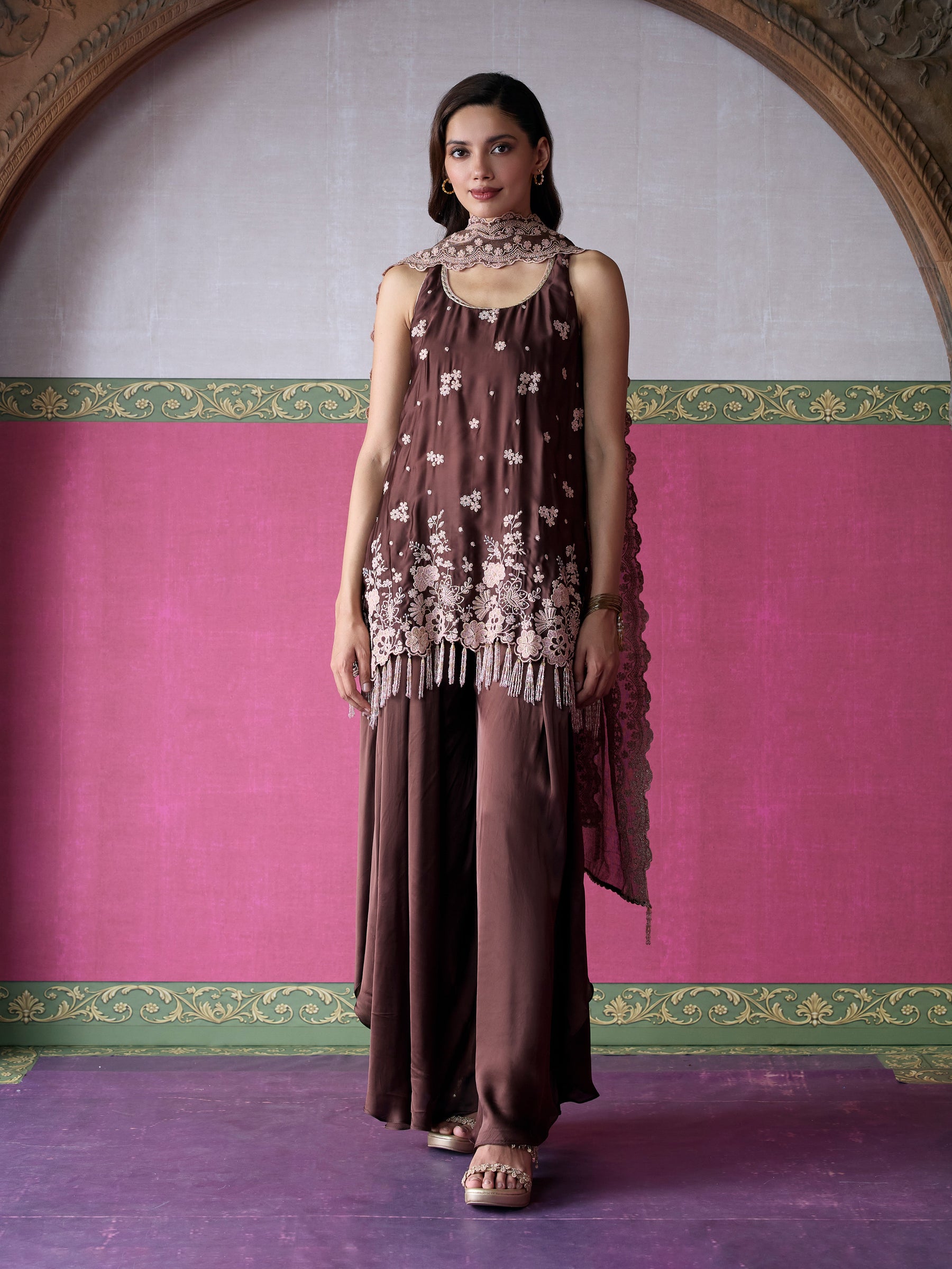 Nemi Cupro Satin Brown Short Kurta with Draped Pants