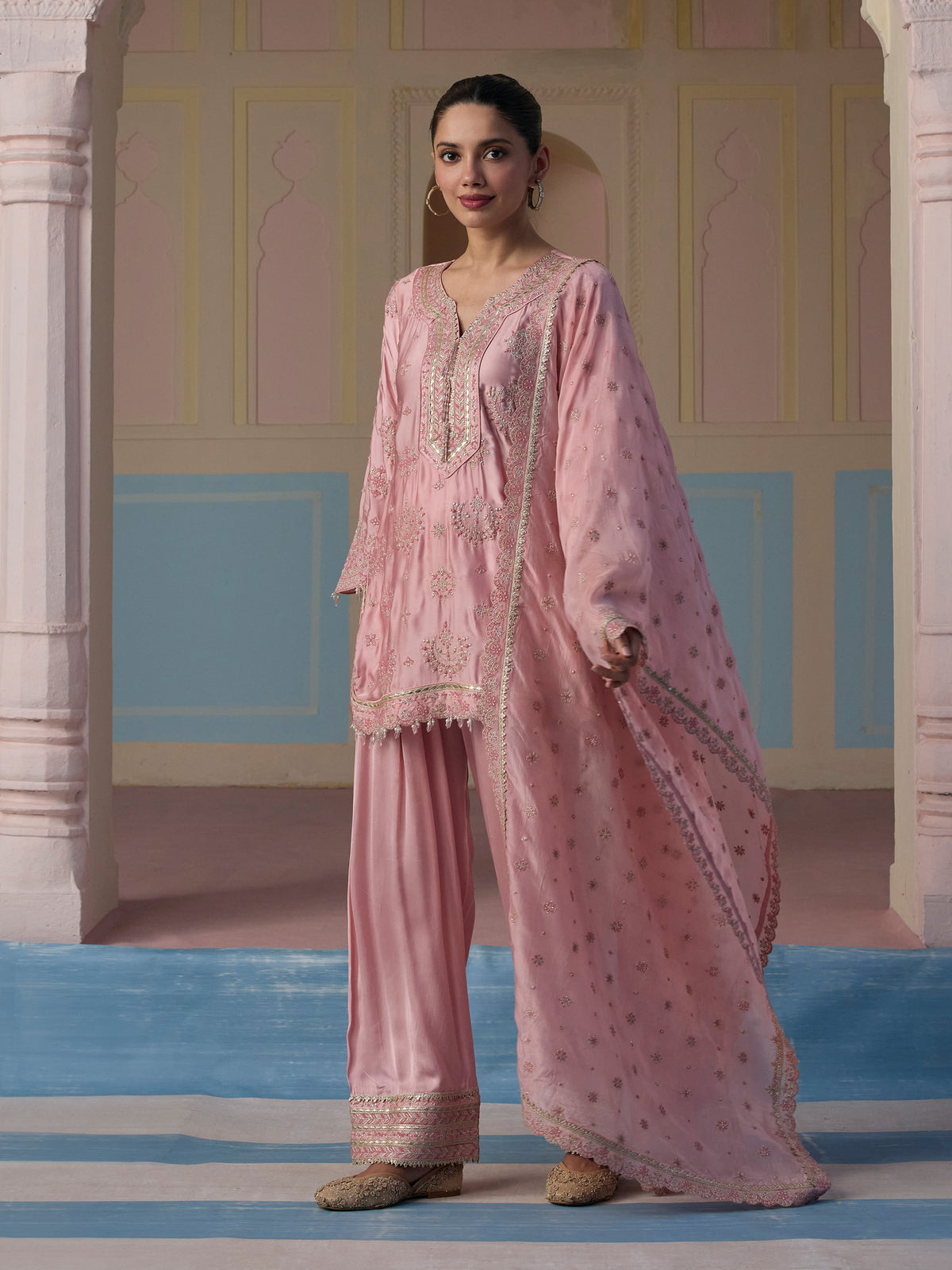Jori Cupro Satin Pink Kurta With Farshi Salwar