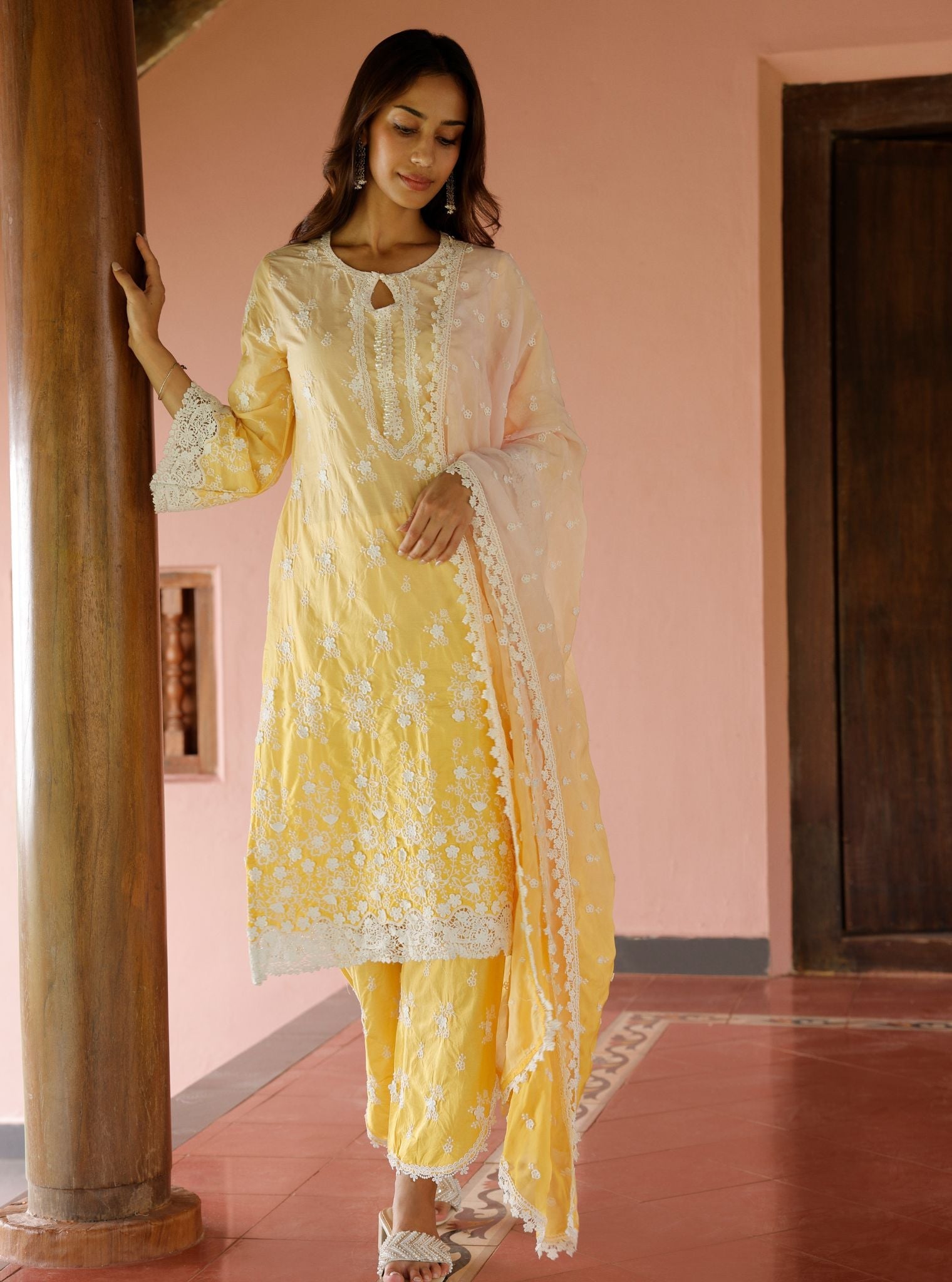 Mulmul Ombre Cotton Zehen Yellow Kurta With Mulmul Ombre Cotton Zehen Yellow Pant