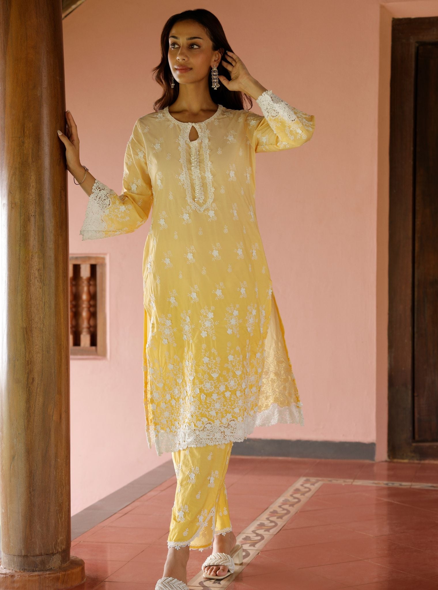 Mulmul Ombre Cotton Zehen Yellow Kurta With Mulmul Ombre Cotton Zehen Yellow Pant