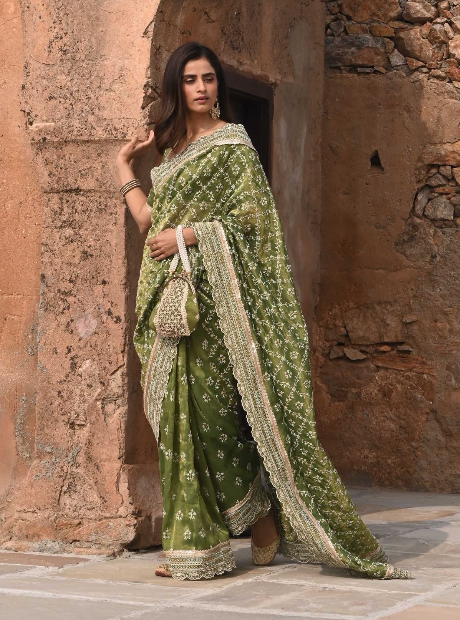 Mehram Luxe Tissue Moss Green Saree