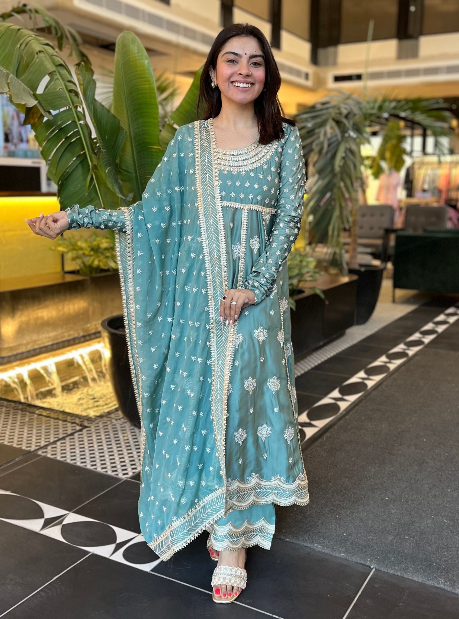 Palki Organza Satin Teal Blue Kurta Set