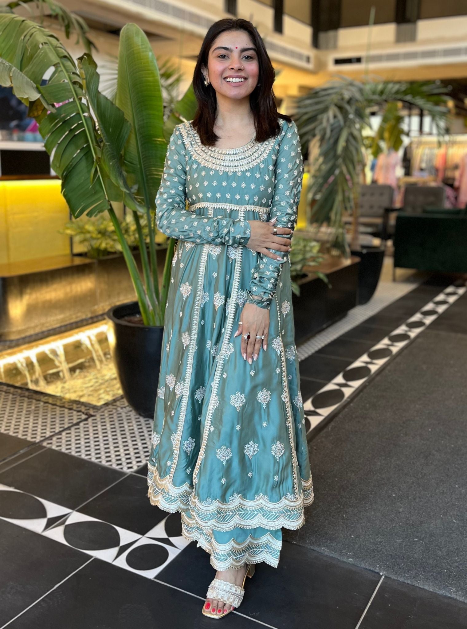 Palki Organza Satin Teal Blue Kurta Set