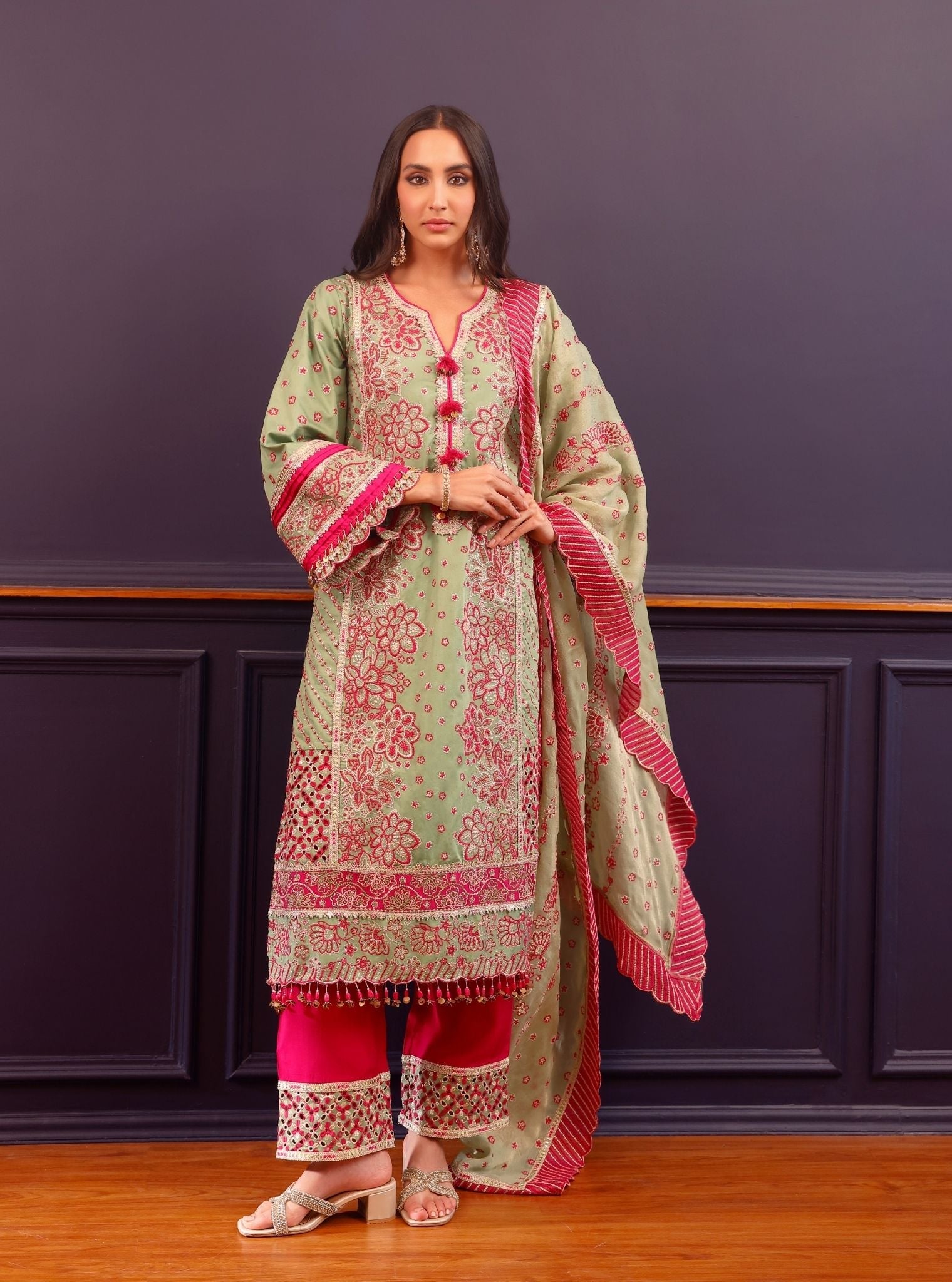 Renu Pima Satin Parrot Green Kurta with Fuchsia Pant Set