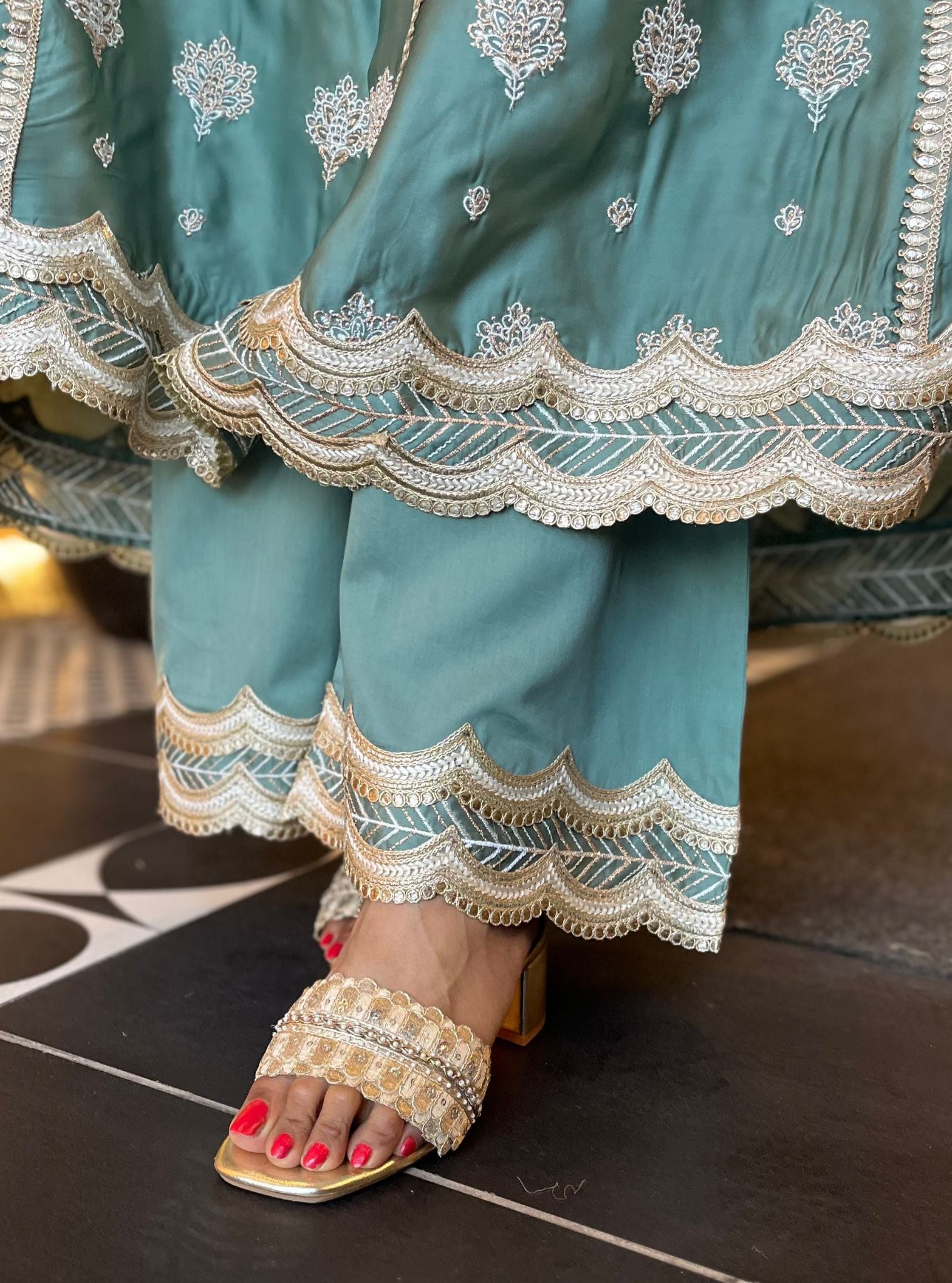 Palki Organza Satin Teal Blue Kurta Set