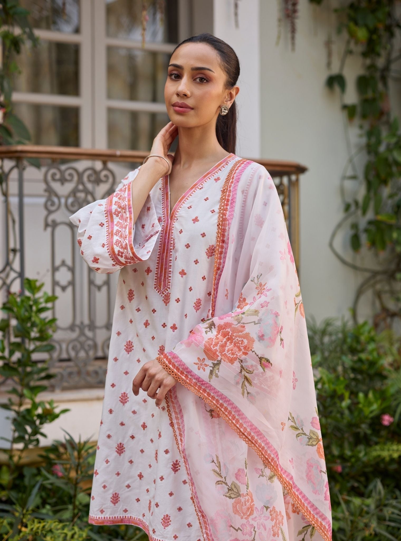 Vysa Supima Cotton White Printed Kurta Set