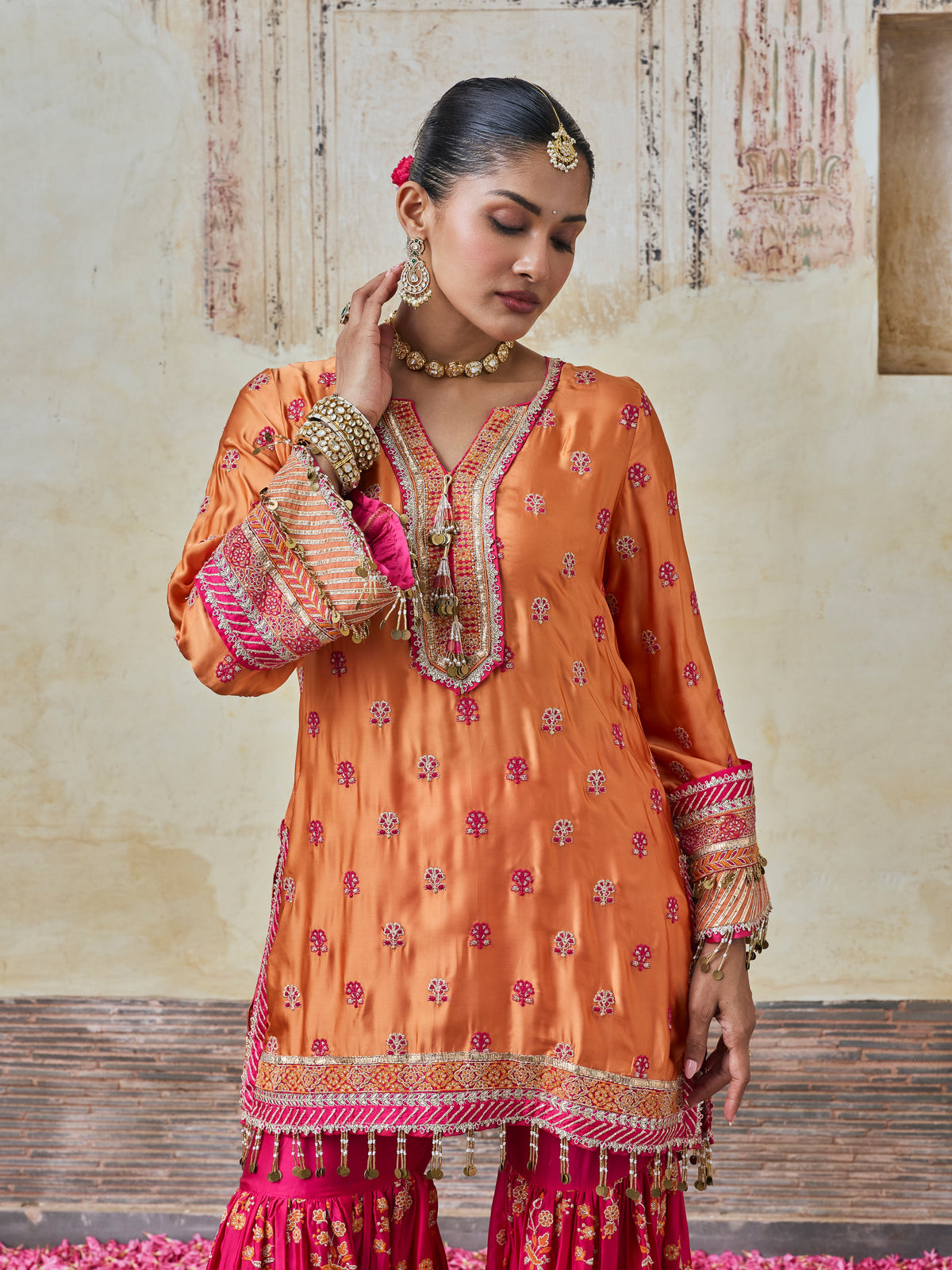 Surkhi Cupro Satin Orange Kurta with Garara