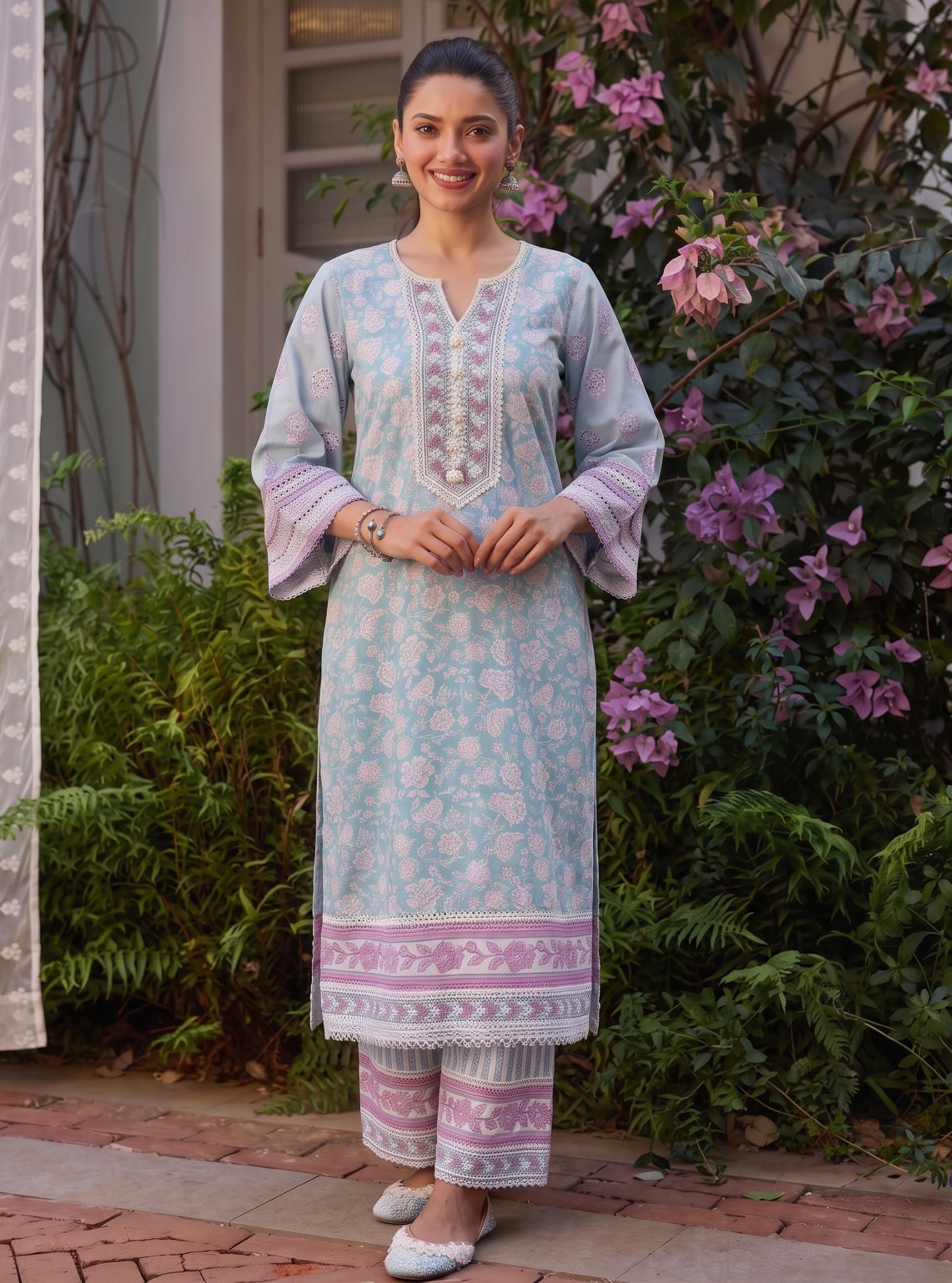 Ura Lawn Printed Teal Blue Kurta Set