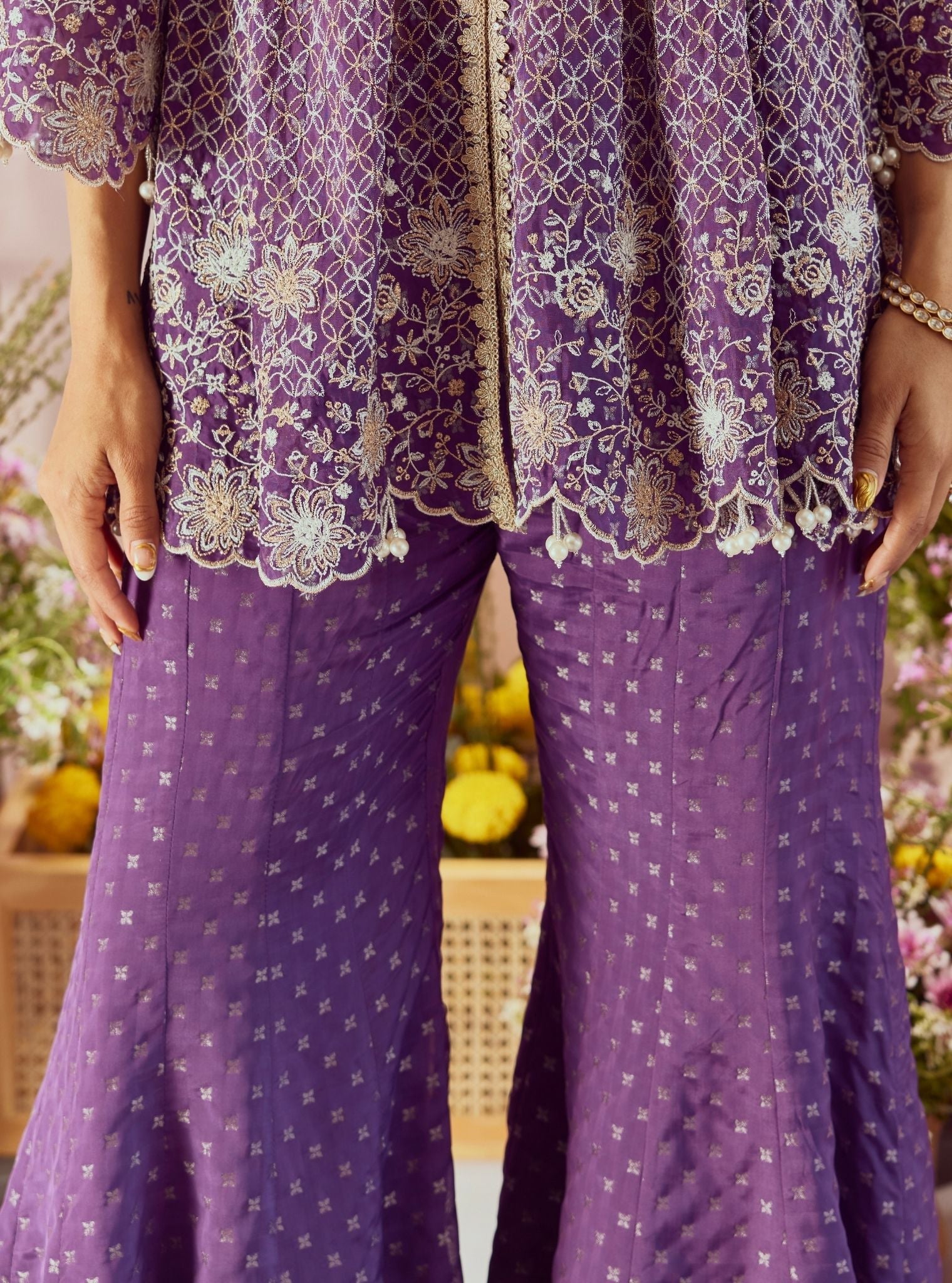 Mulmul Banarsi Ghunghroo Purple Top With Mulmul Banarsi Ghunghroo Purple Sharara