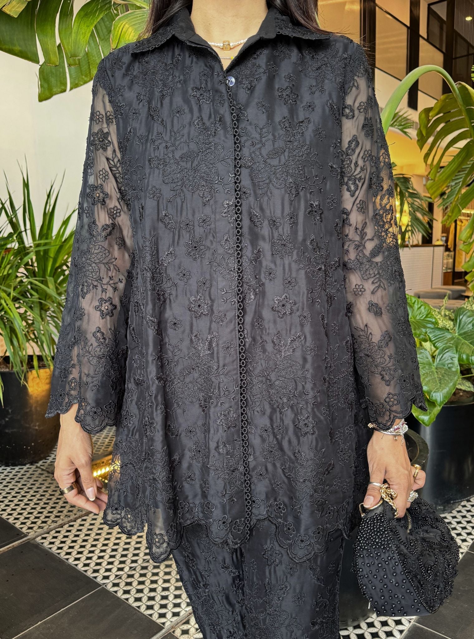 Mulmul Organza Lev Black Shirt With Mulmul Organza Lev Black Pant