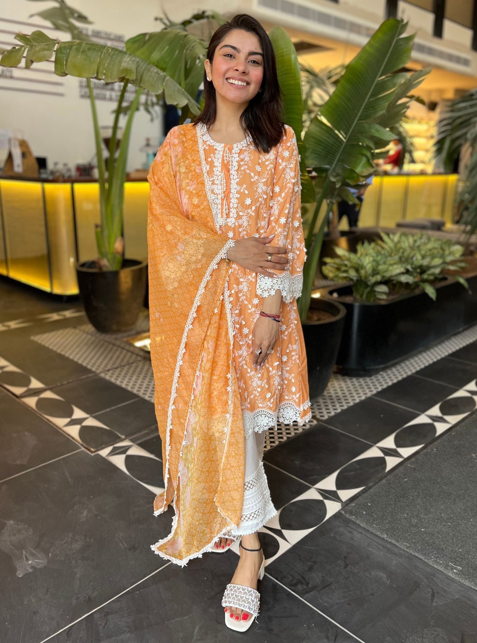 Mulmul Cotton BayBreeze Orange Kurta With Mulmul Cotton Floral Ladder Slim White Pant