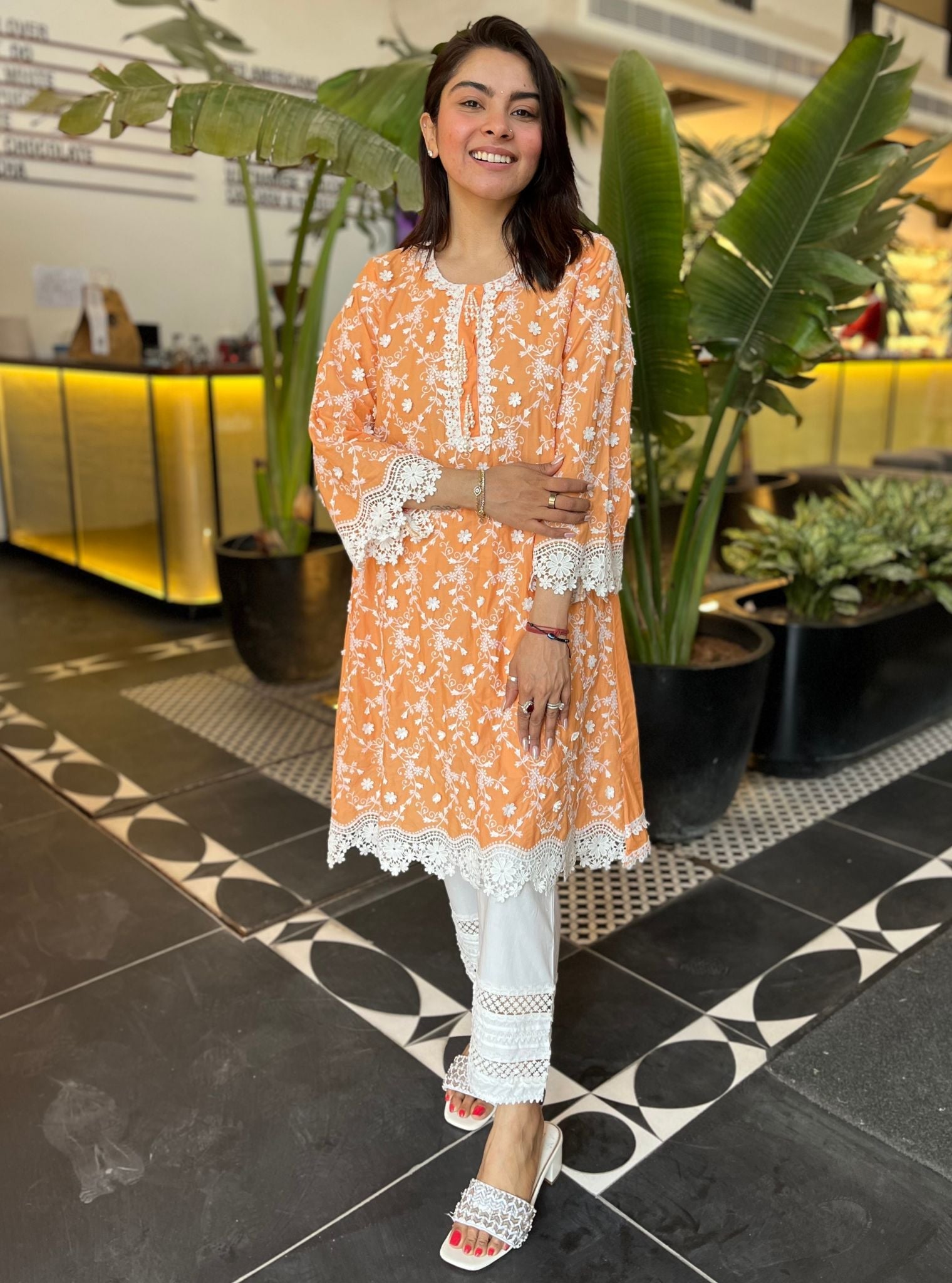 Mulmul Cotton BayBreeze Orange Kurta With Mulmul Cotton Floral Ladder Slim White Pant