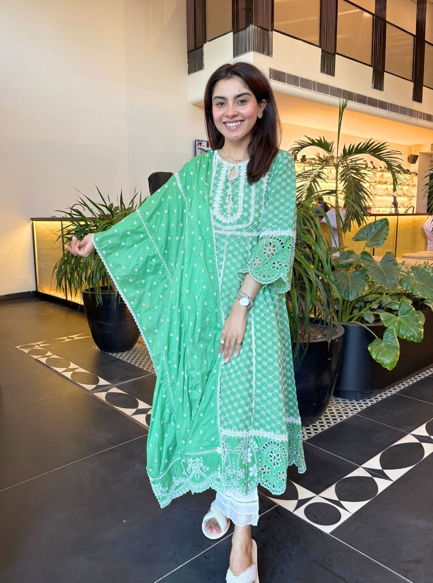 Arris Supima Cotton Anarkali Green Kurta with Saanjh White Pant Set