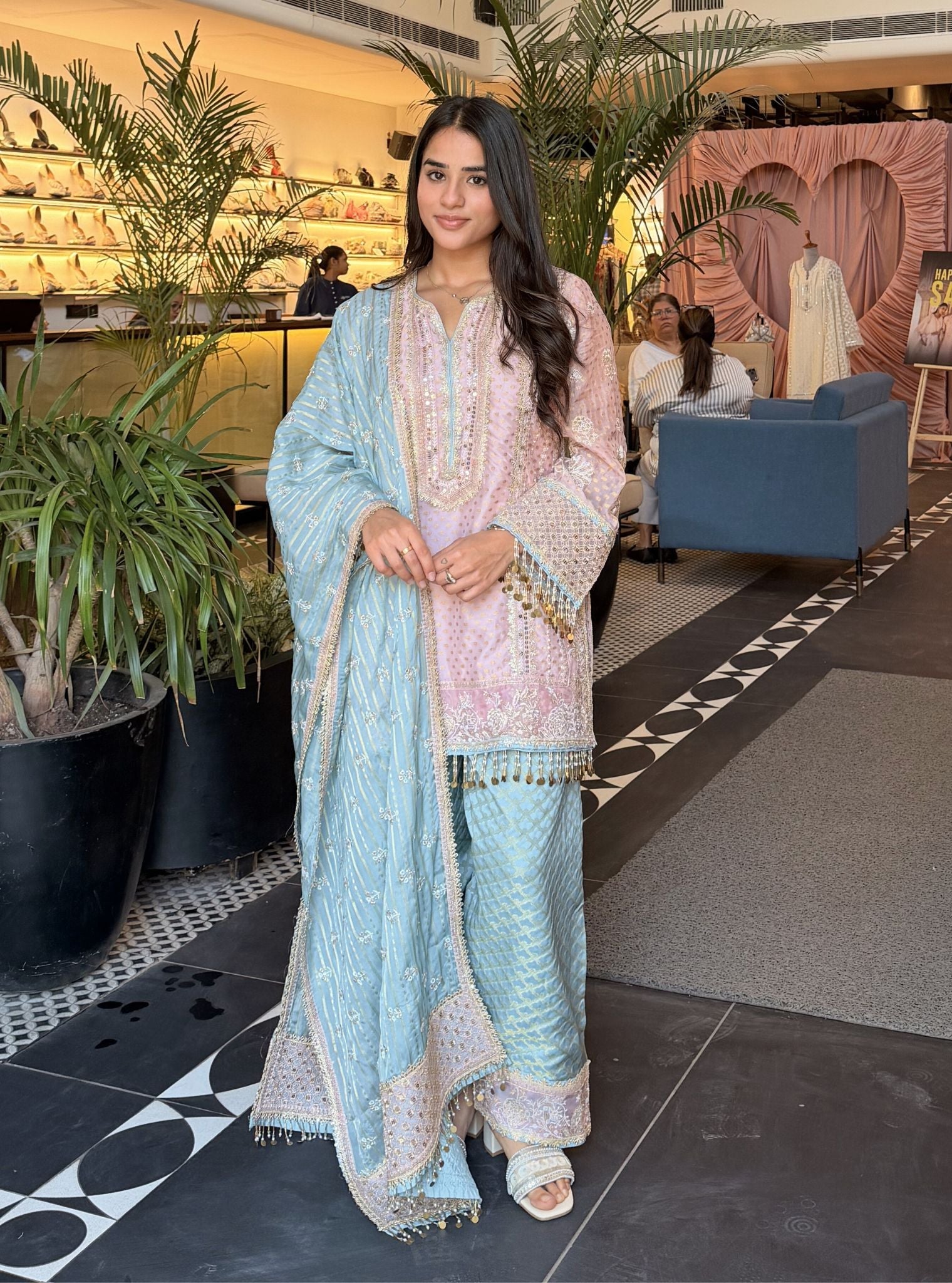 Panchi Banarsi Pink Kurta With Farshi Salwar