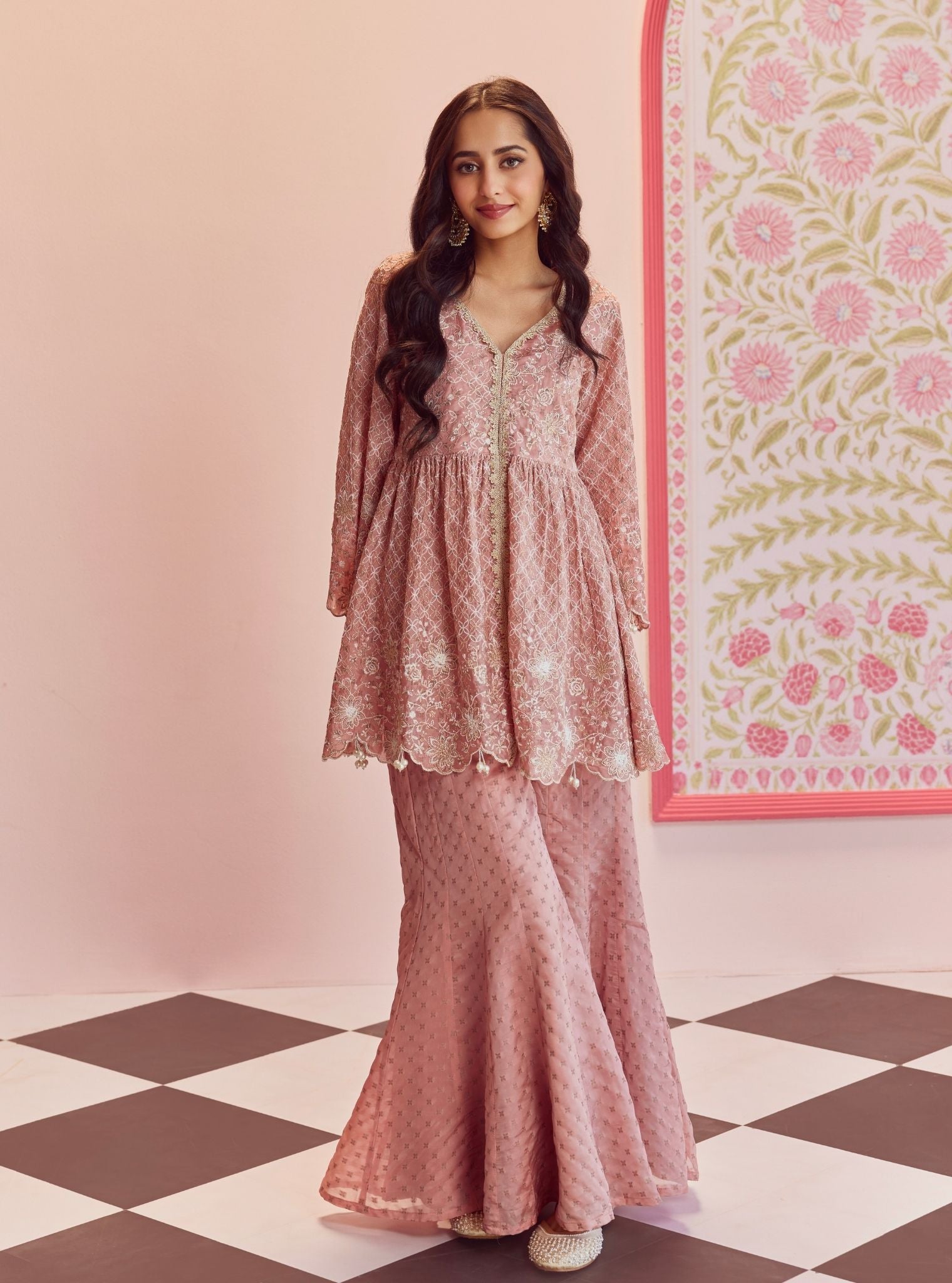 Mulmul Banarsi Ghunghroo Pink Top With Mulmul Banarsi Ghunghroo Pink Sharara