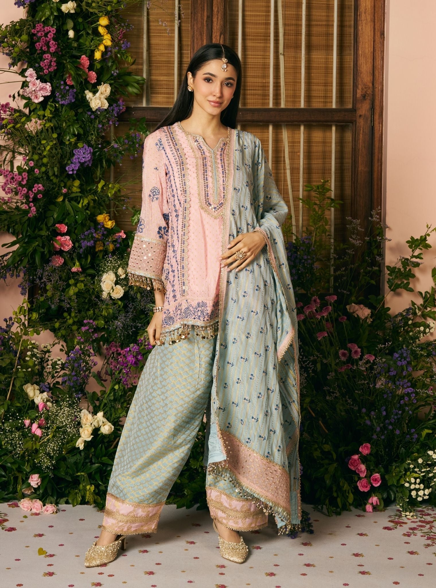 Panchi Banarsi Pink Kurta With Farshi Salwar