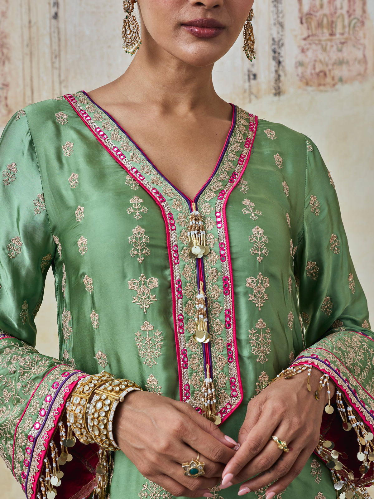 Yaira Cupro Satin Matcha Green Kurta Set