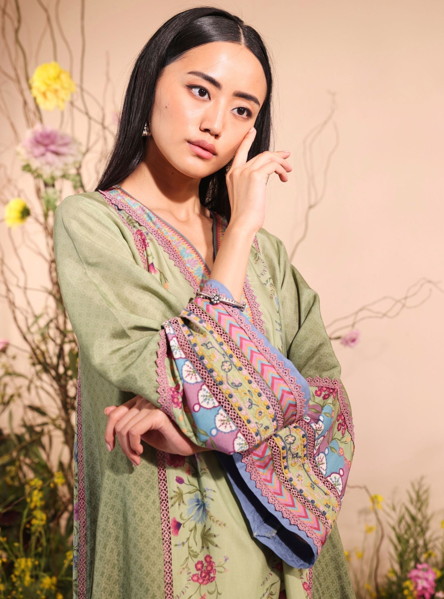 Mulmul Printed Ombre Lawn Yamini Green Kurta With Mulmul Printed Ombre Lawn Yamini Green Pant