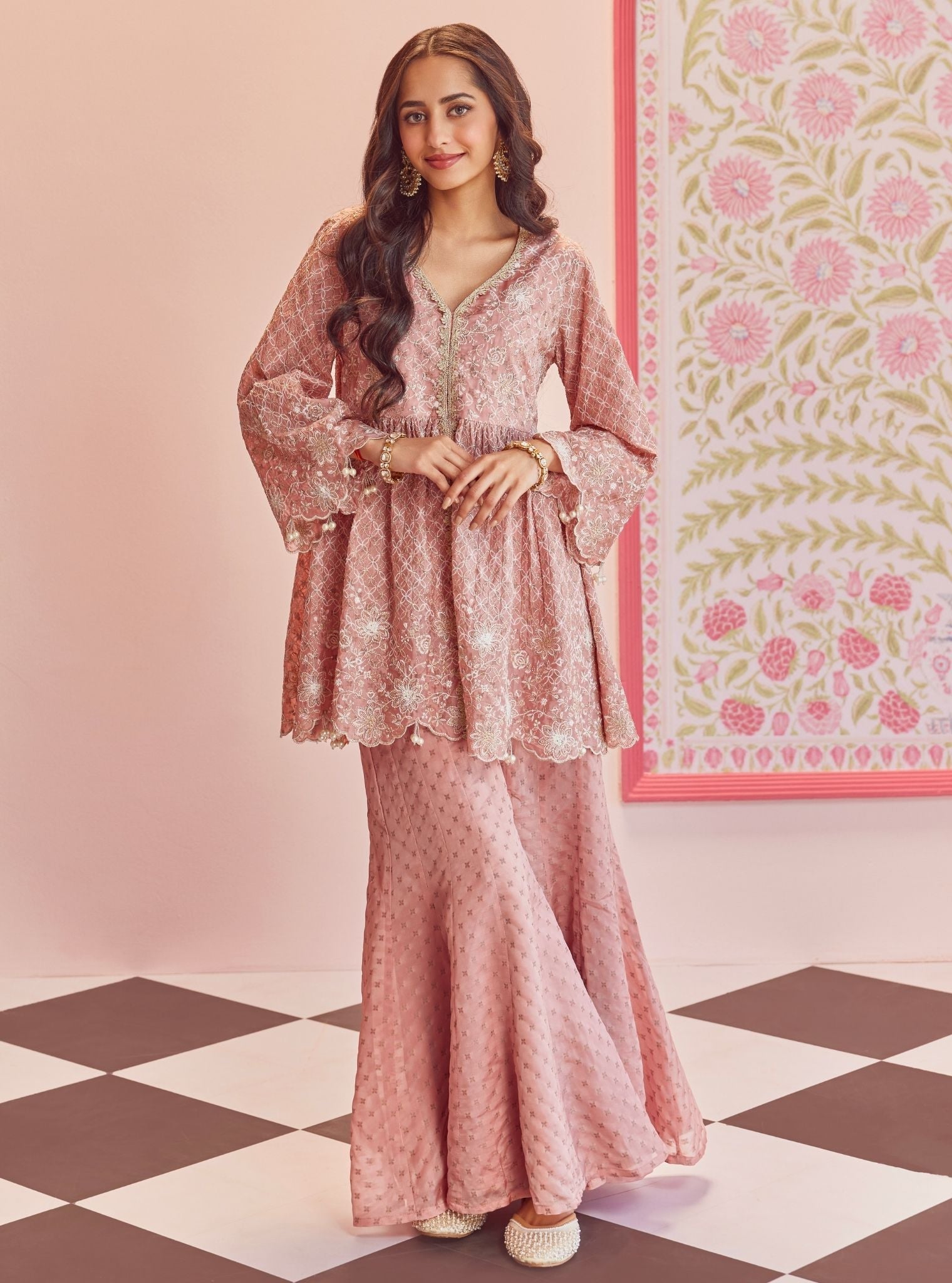 Mulmul Banarsi Ghunghroo Pink Top With Mulmul Banarsi Ghunghroo Pink Sharara