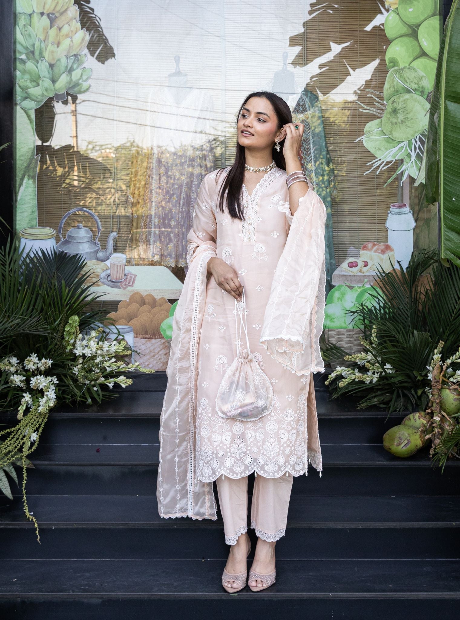 Mulmul Organza Kiyan Beige Kurta With Mulmul Cotton Kiyan Beige Pant