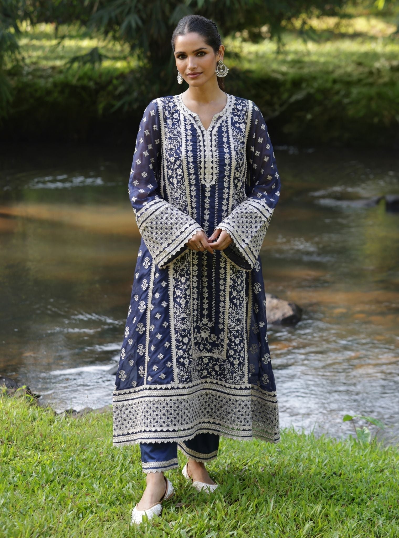 Katha Organza Navy Anarkali Kurta Set