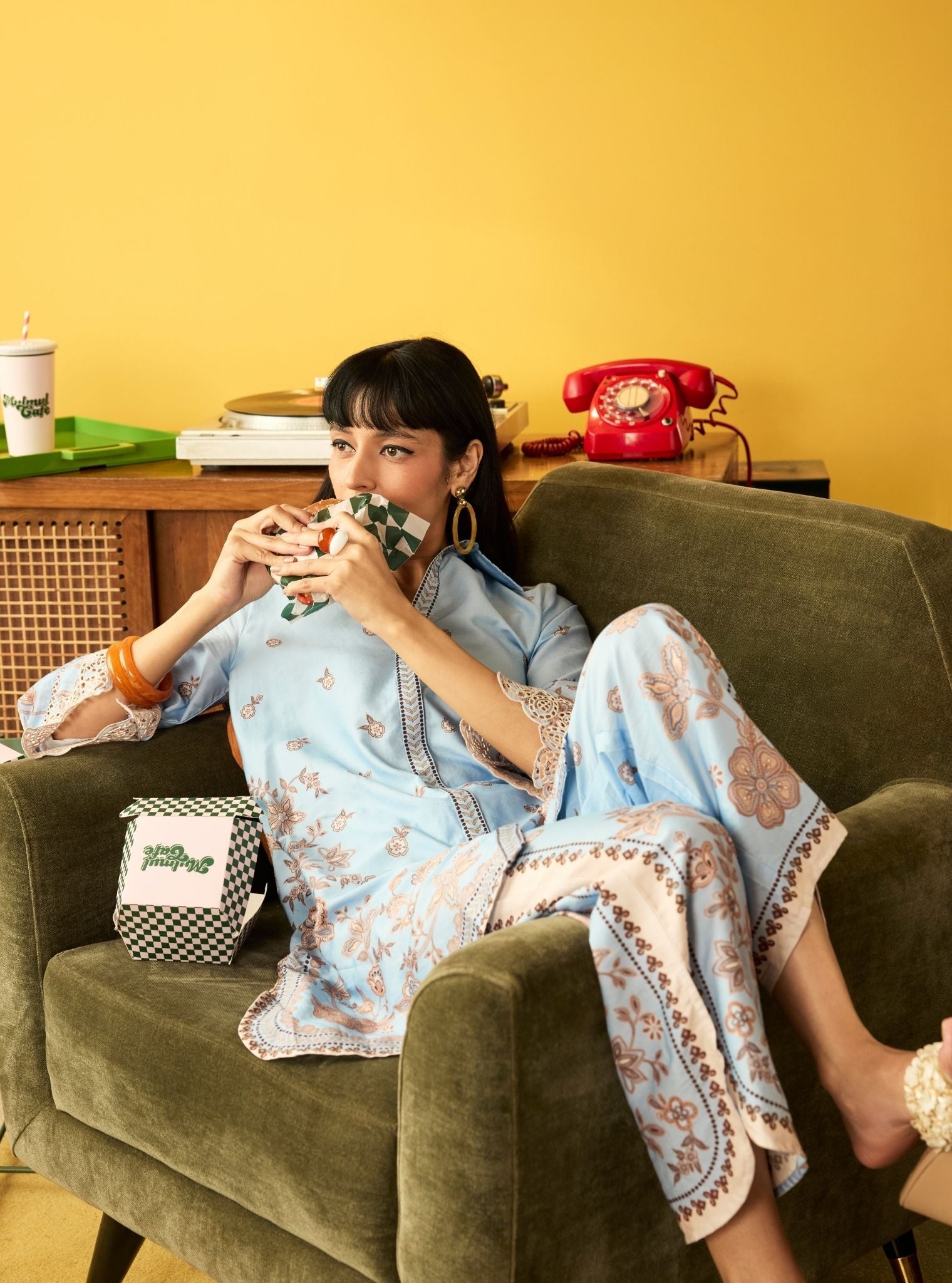 Zavi Pima Satin Blue Printed Kurta Shirt Set