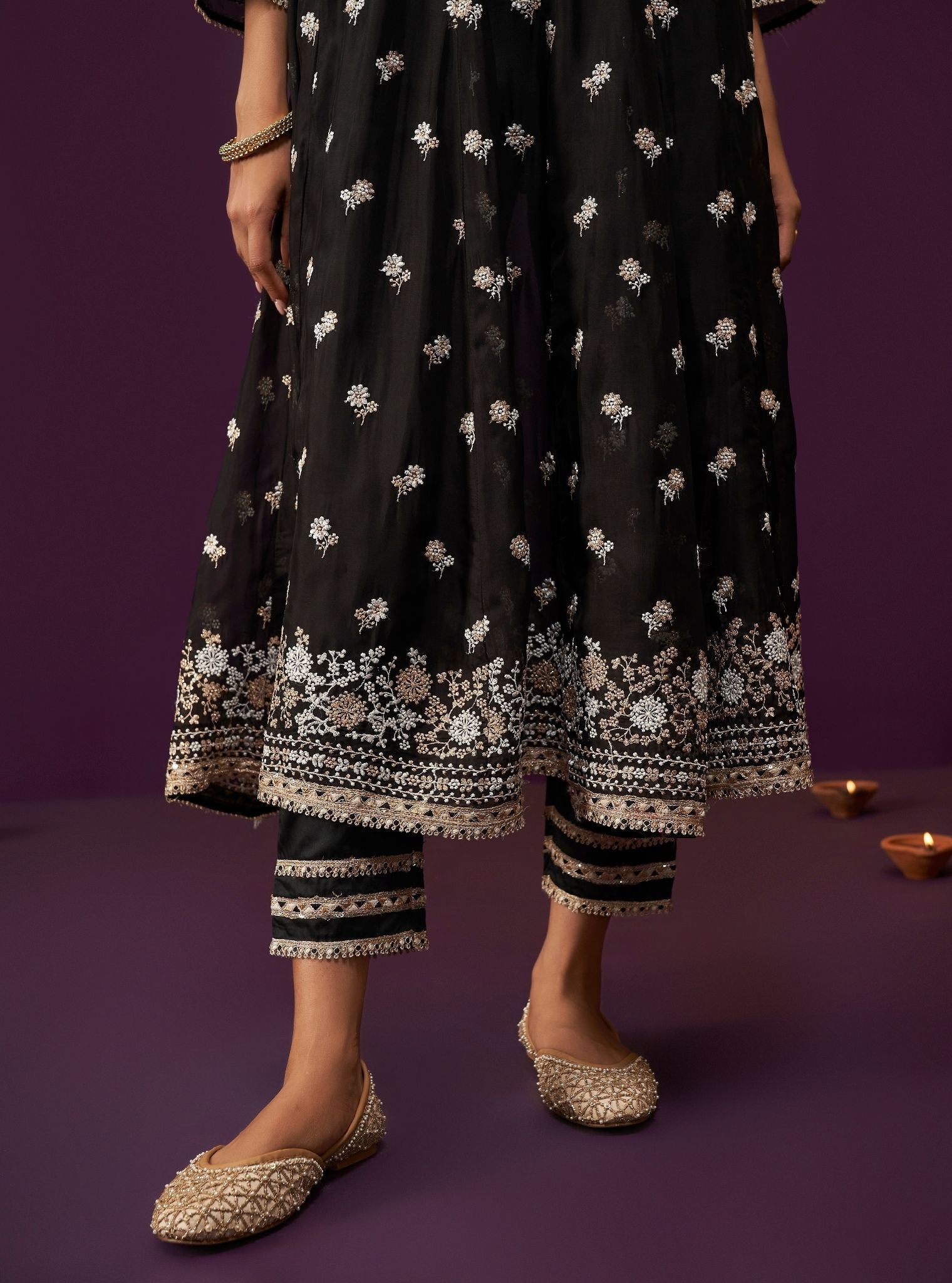 Mulmul Organza Sumalee Black Anarkali Kurta With Mulmul Pima Satin Sumalee Black Pant