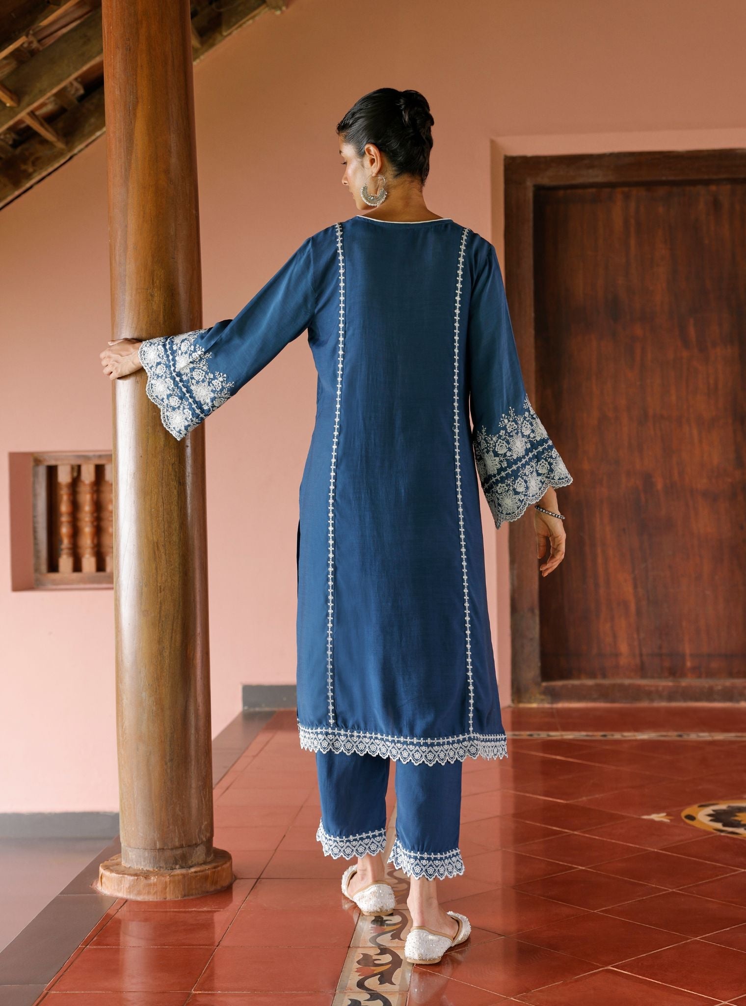 Mulmul Lawn Mandara Navy Kurta With Mulmul Lawn Mandara Navy Pant