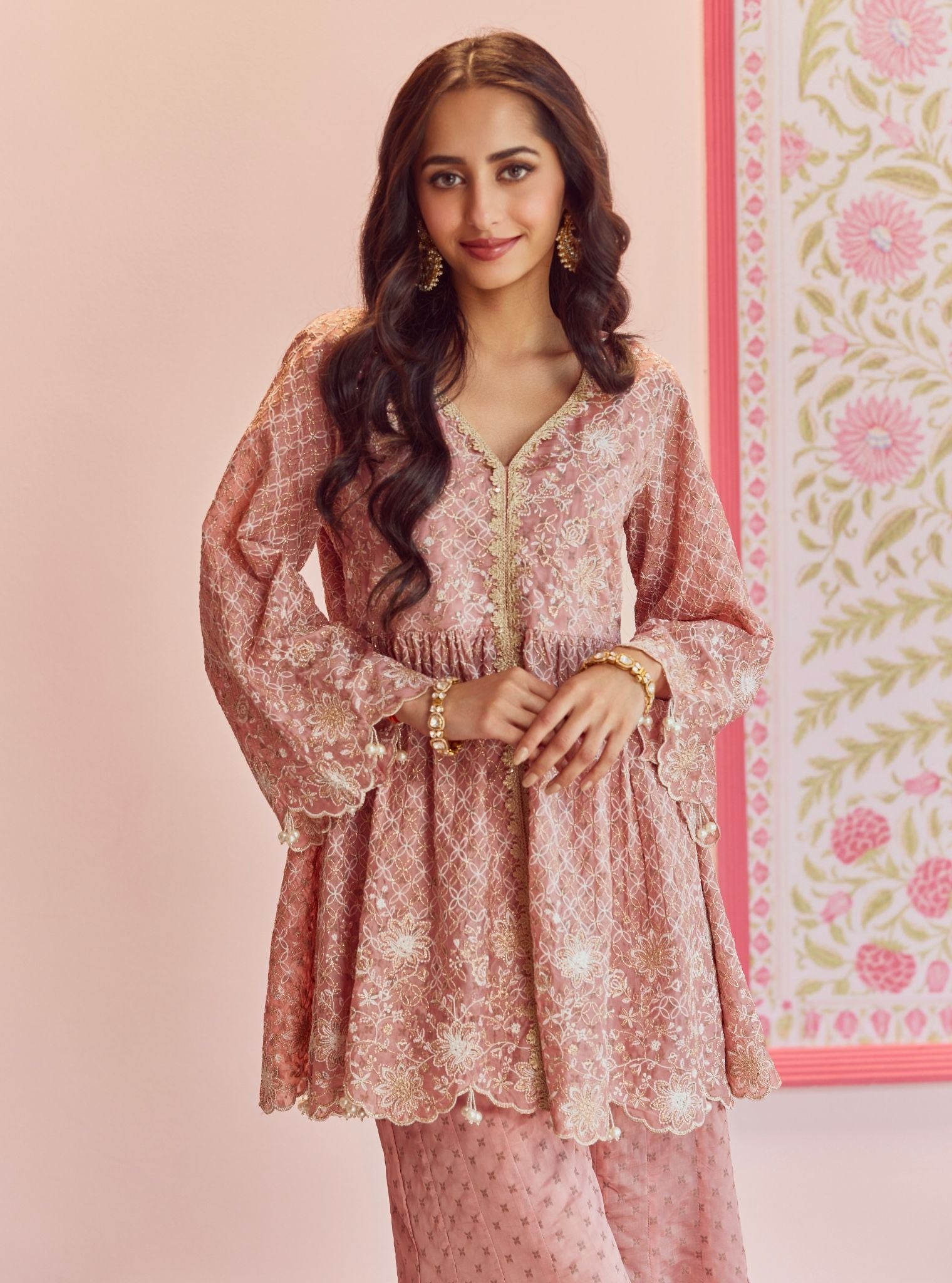 Mulmul Banarsi Ghunghroo Pink Top With Mulmul Banarsi Ghunghroo Pink Sharara