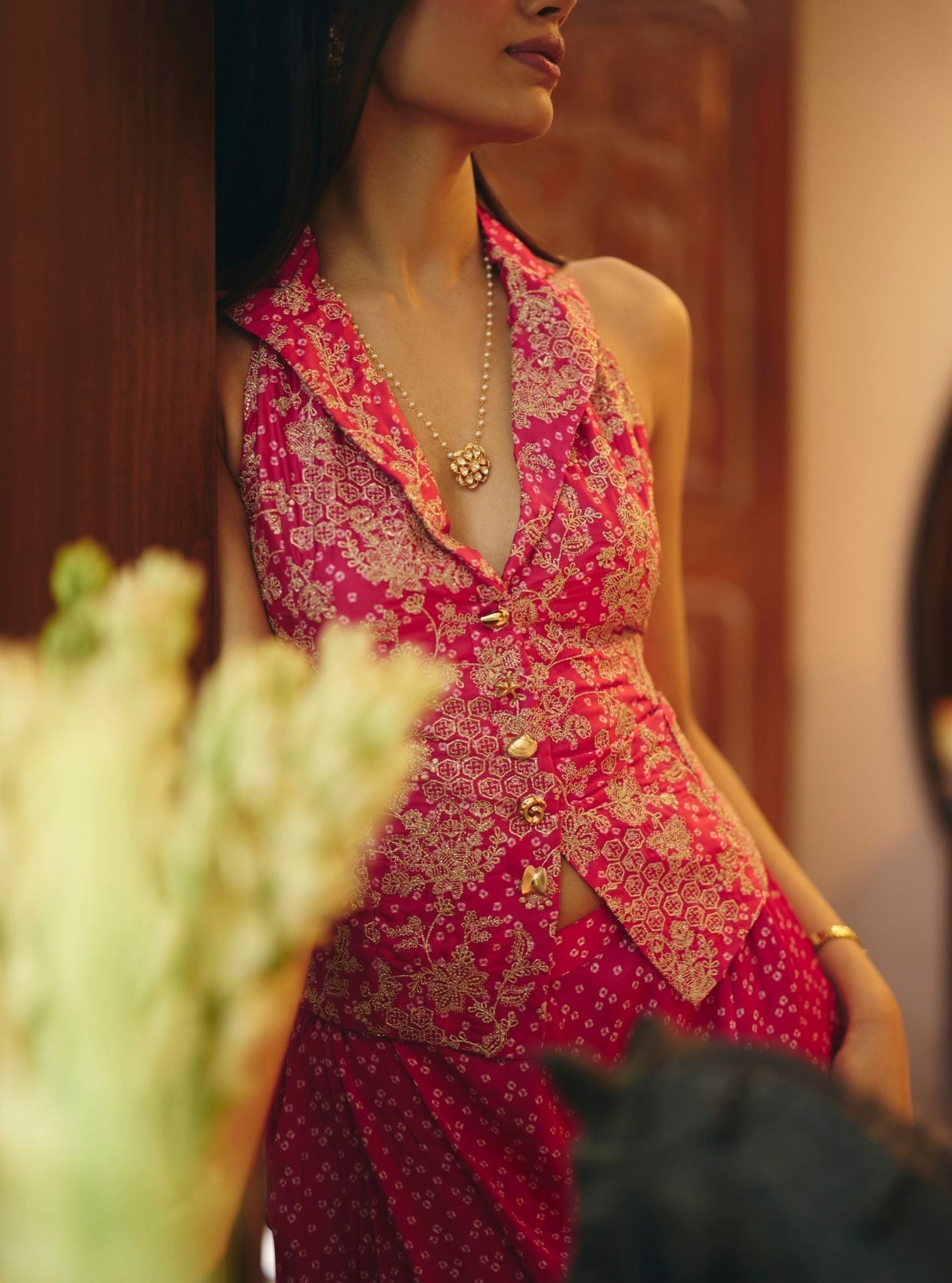 Kuhu Cupro Satin Printed Fuschia Waist Coat Set