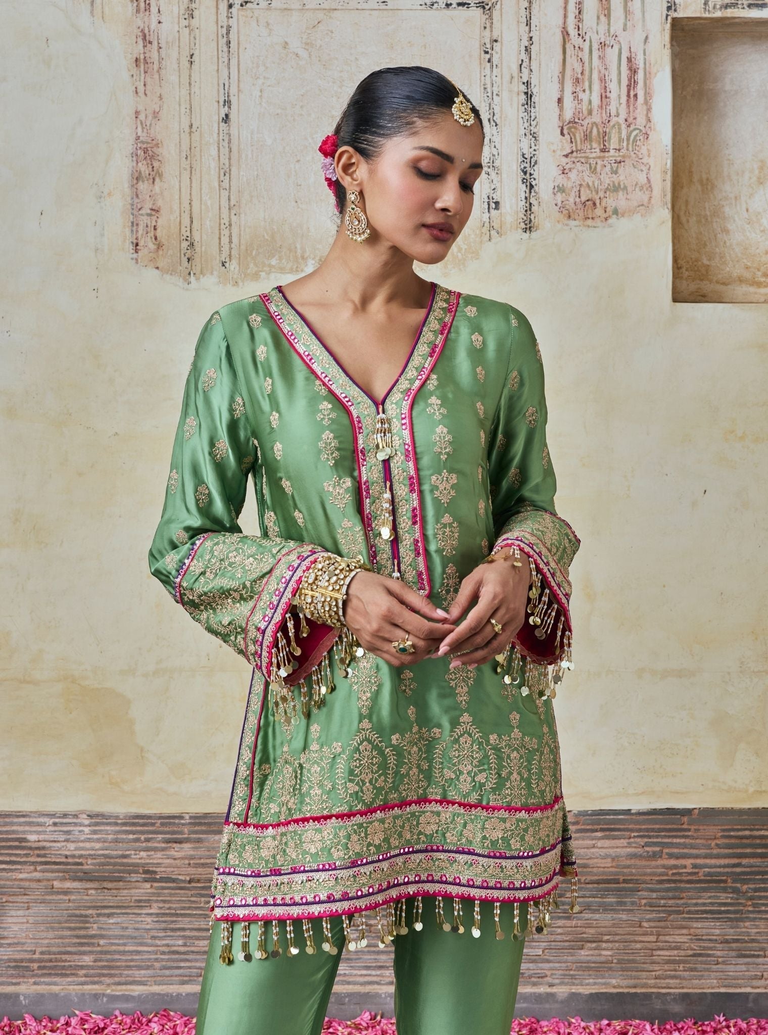 Yaira Cupro Satin Matcha Green Kurta Set