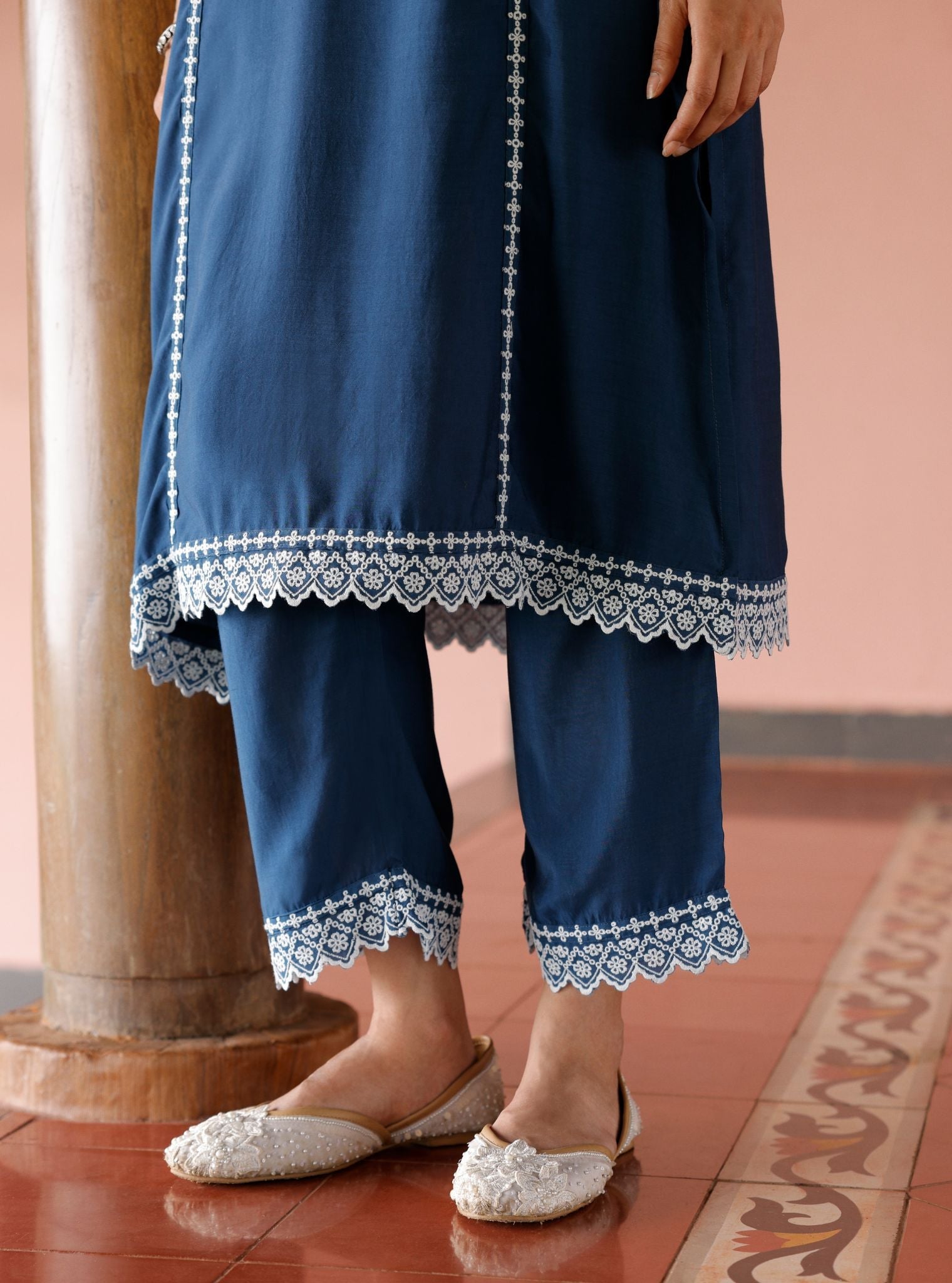 Mulmul Lawn Mandara Navy Kurta With Mulmul Lawn Mandara Navy Pant