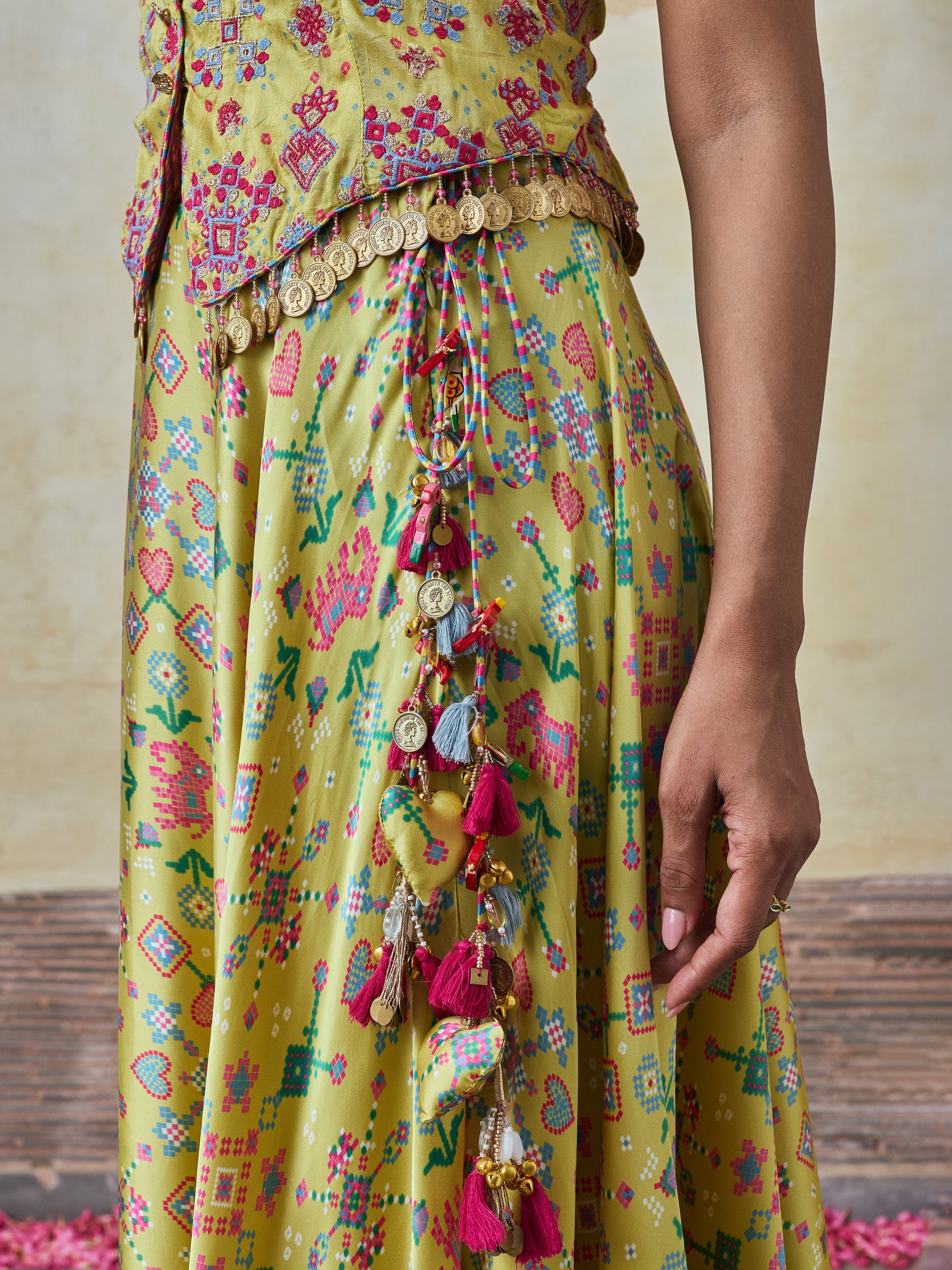 Sarangni Bemberg Raw Silk Printed Lime Waistcoat & Skirt Set