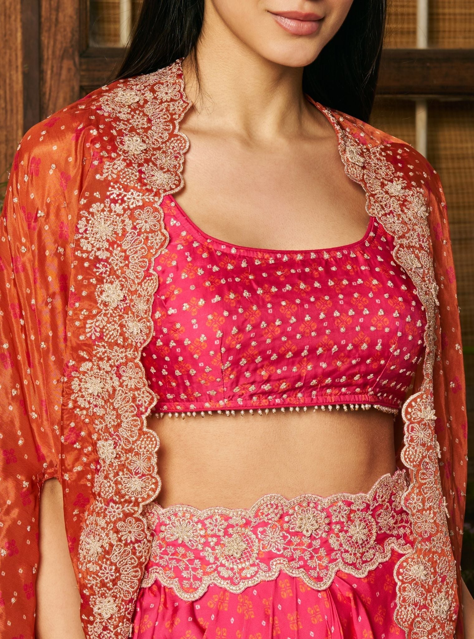 Mali Glass Organza Fuchsia Skirt Set With Cape