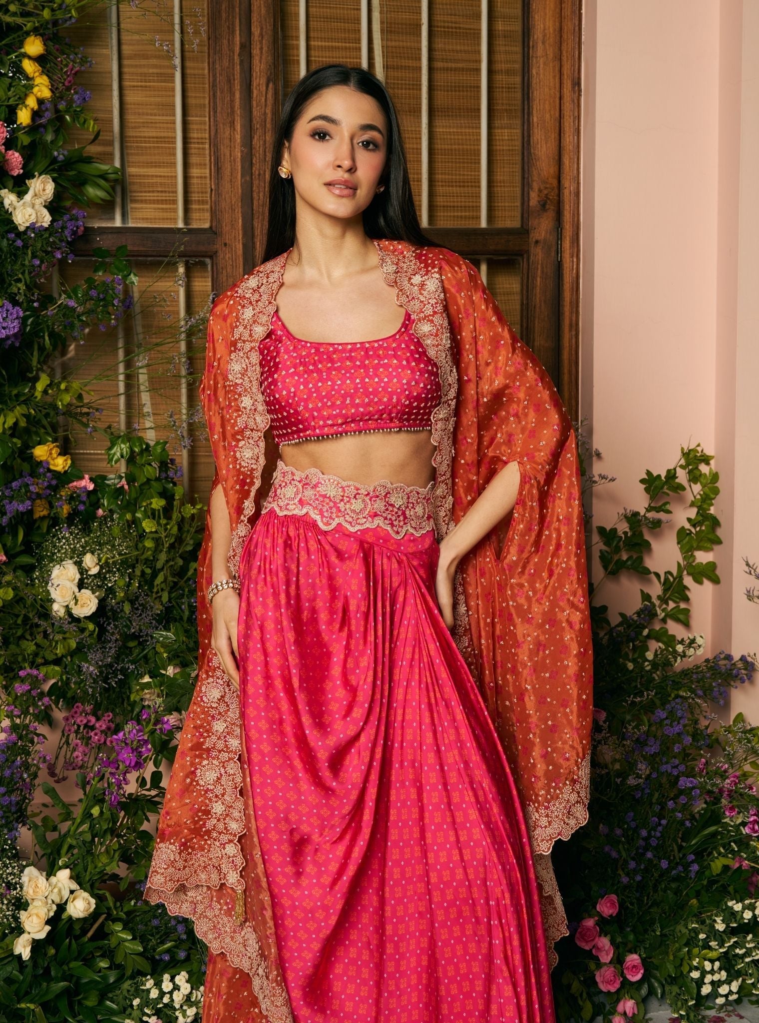 Mali Glass Organza Fuchsia Skirt Set With Cape