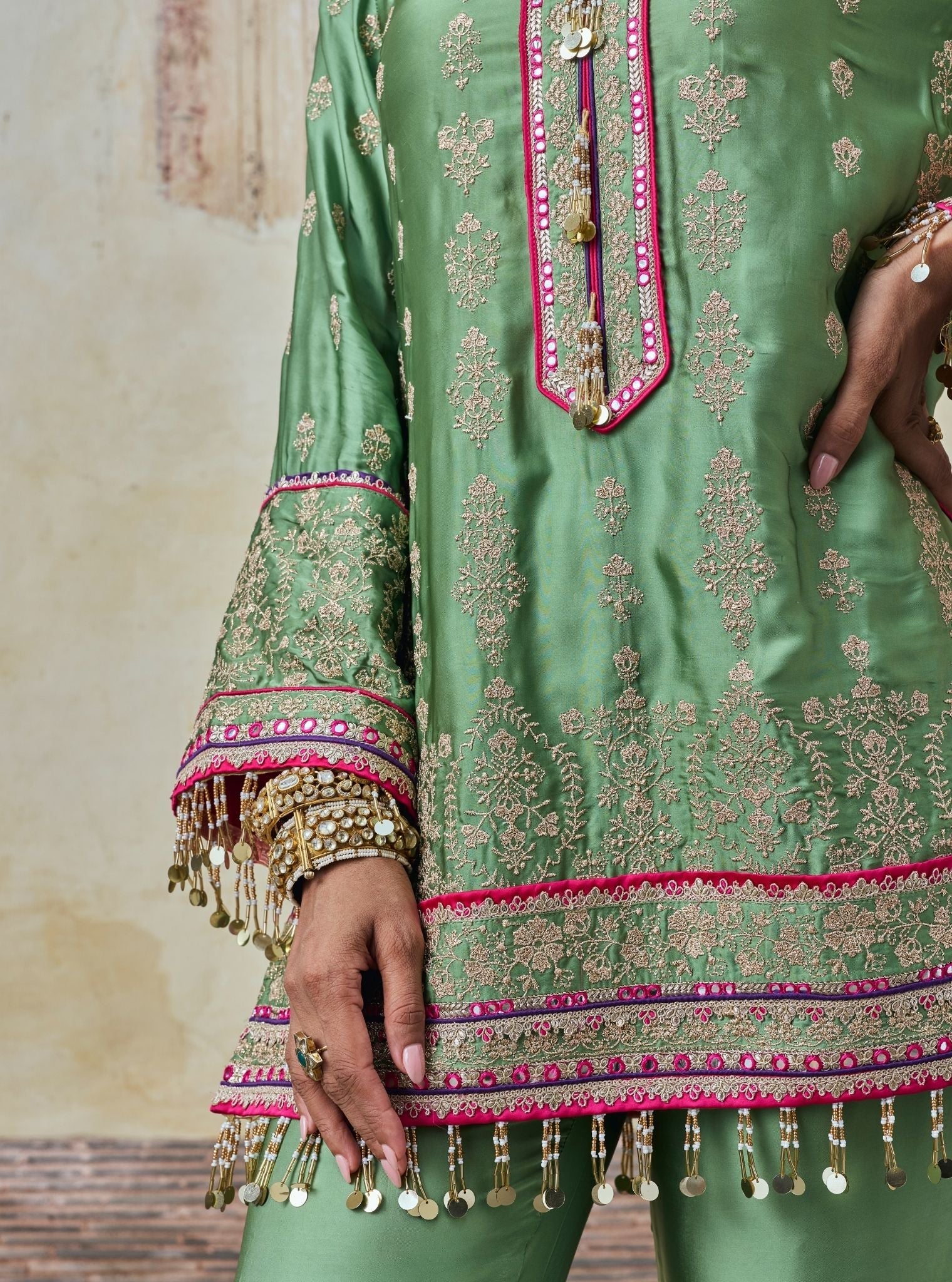 Yaira Cupro Satin Matcha Green Kurta Set