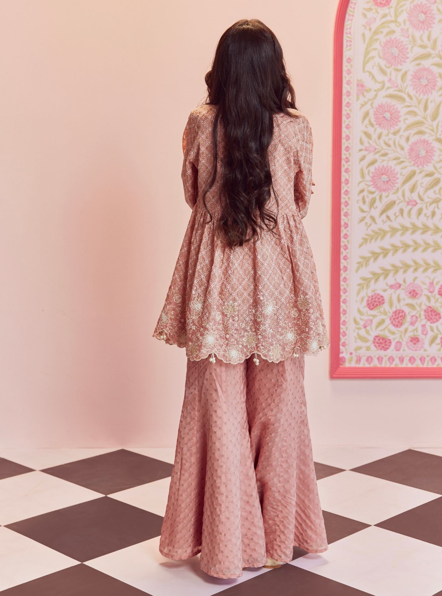 Mulmul Banarsi Ghunghroo Pink Top With Mulmul Banarsi Ghunghroo Pink Sharara