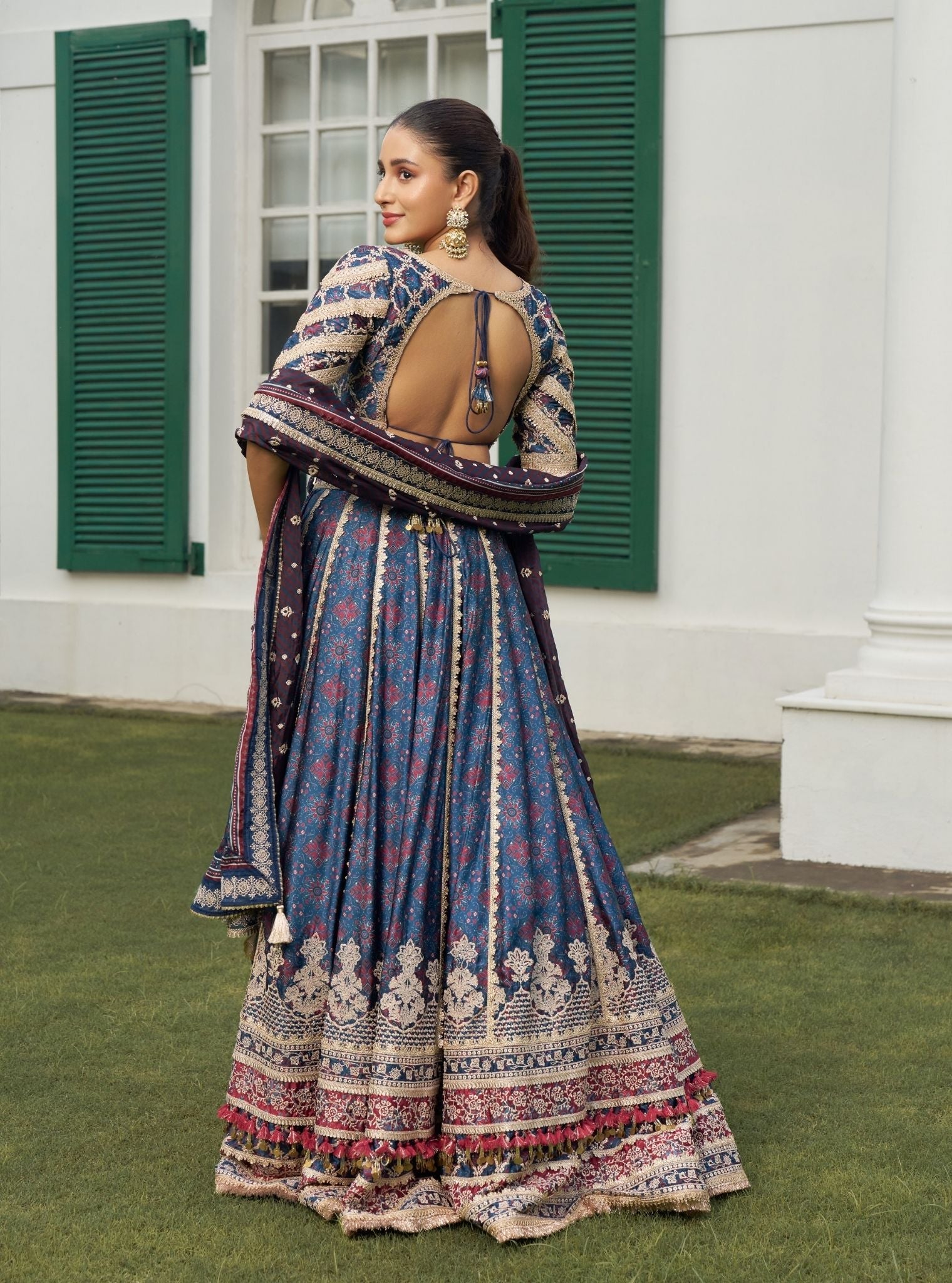 Taal Cupro Satin Navy Ajrakh Print Lehenga